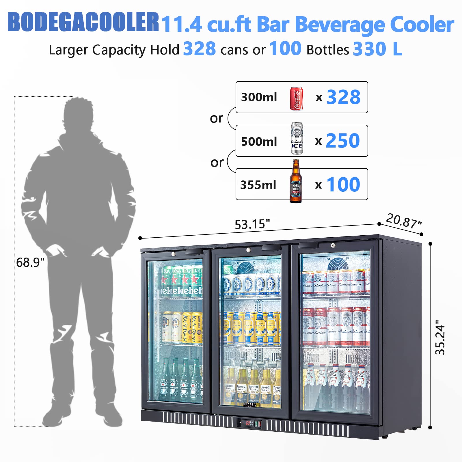 BODEGACOOLER Commercial Beverage Refrigerator with Glass Door,12.5 Cu.Ft Display Merchandiser Drink Refrigerator,Upright Commercial Bar Fridge,Display Drink Cooler,Soft LED Light,Romovable Shelves