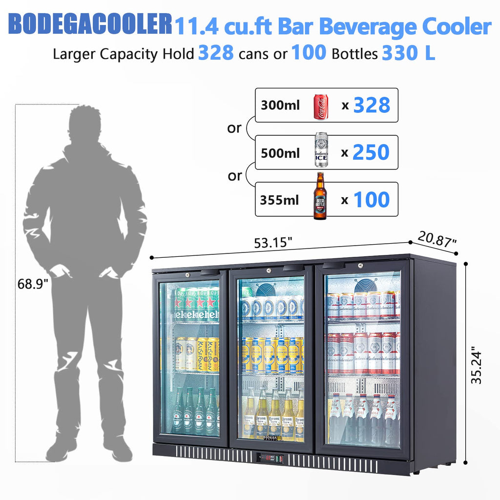 BODEGACOOLER Commercial Beverage Refrigerator with Glass Door,12.5 Cu.Ft Display Merchandiser Drink Refrigerator,Upright Commercial Bar Fridge,Display Drink Cooler,Soft LED Light,Romovable Shelves