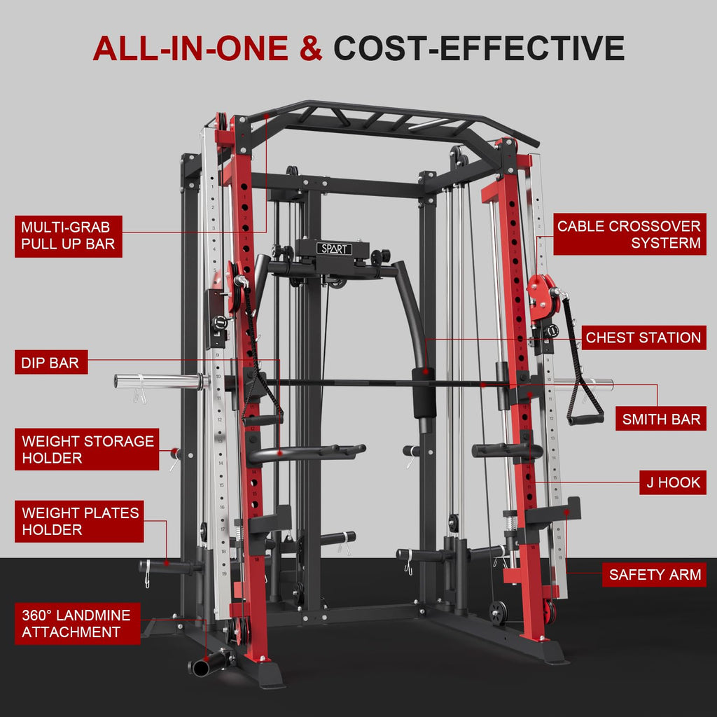 SPART Workout Station Angled Smith Machine with Bench,Cage System-Home Gym Multifunction Rack,Workout Equipment with Smith Bar, LAT Pull-Down Systems, Cable Crossover Machine and Cable Attachment