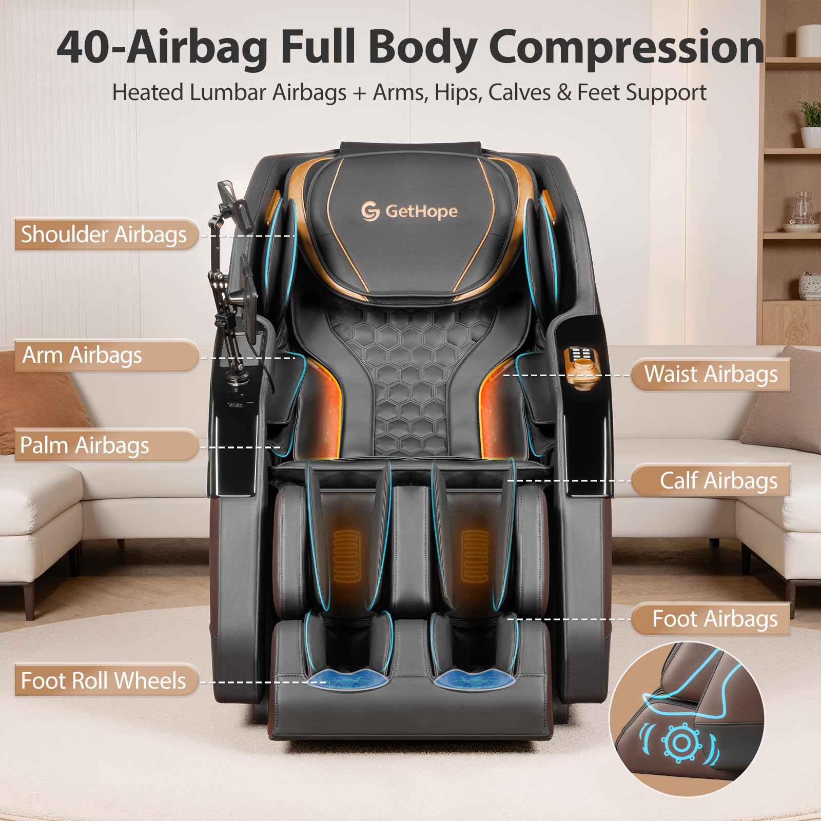 Massage Chair Full Body 4D Zero Gravity Massage Chair Recliner with 57.1" SL-Track Shiatsu Massage Lumbar Heat 40 Airbags Foot Rollers AI Voice 7" Touchscreen Bluetooth