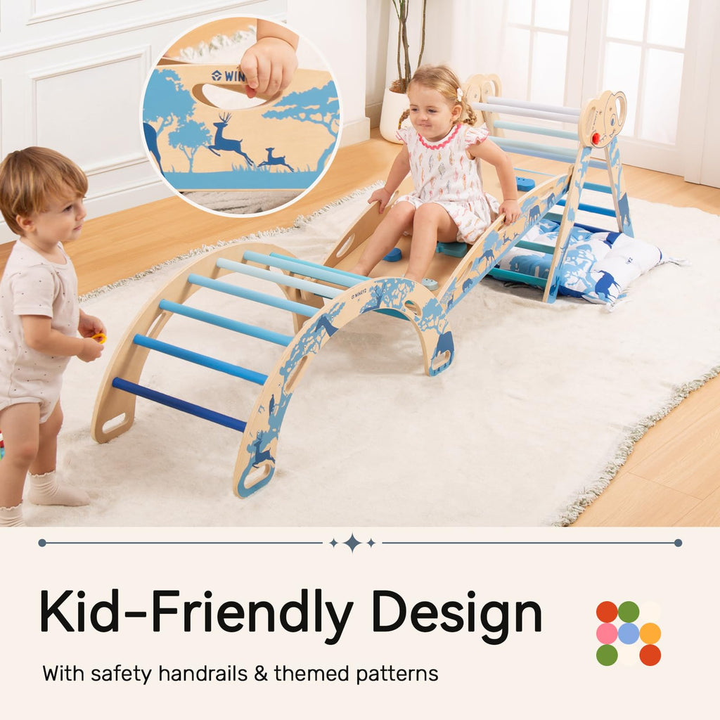 WINGYZ Pikler Triangle Set, Montessori Foldable 8-in-1 Jungle Gym & Reversible Animal Slide, Patent-Protected Climbing Set, Safe 2.35" Gap ASTM F963 Standards for Toddlers 18 Months-5 Years (Rainbow)