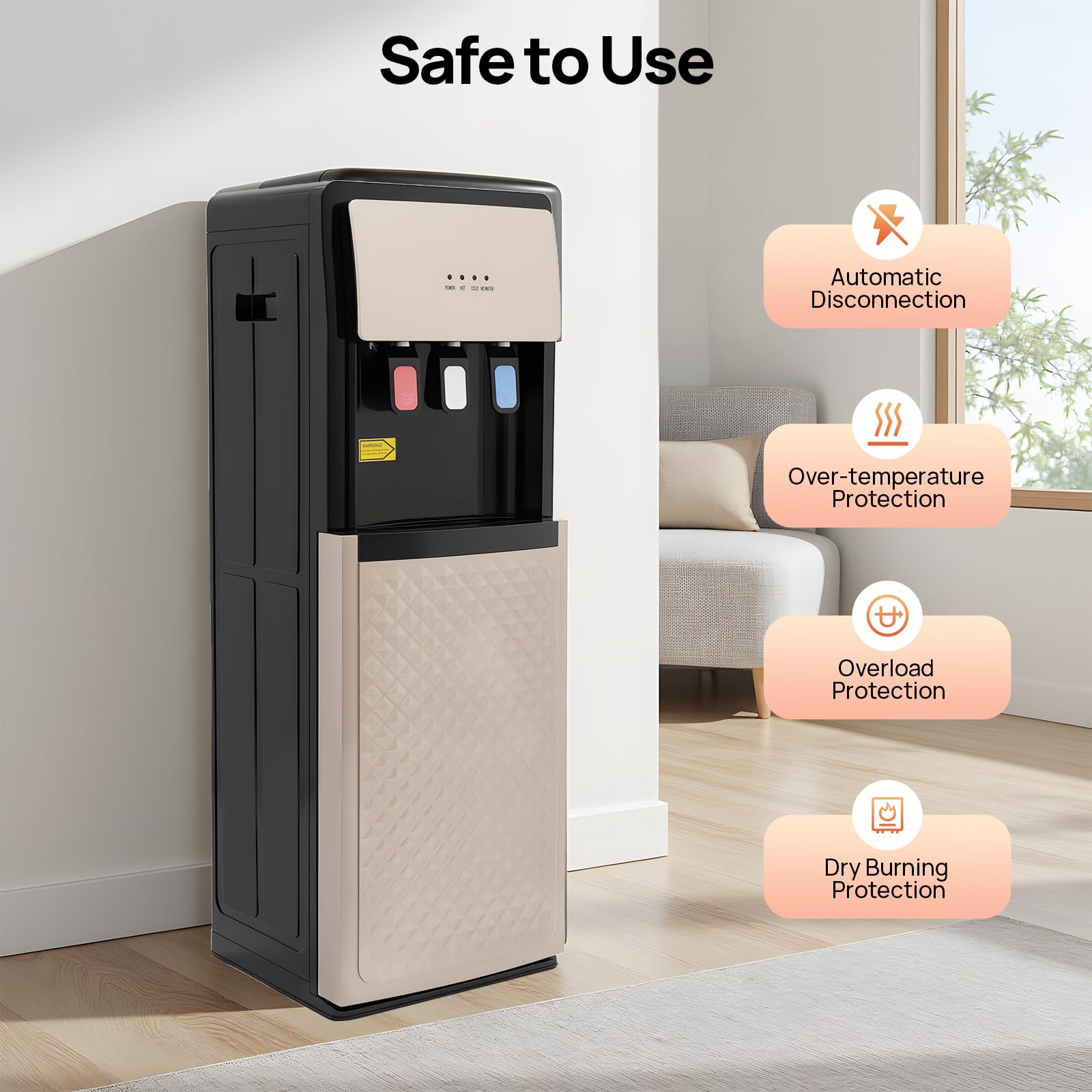 Bottom Loading Water Dispenser for 5 Gallon Bottles - Freestanding Water Cooler with 3 Temperature Hot, Cold & Room Spouts, Water Shortage Alert for Home Office & Gym