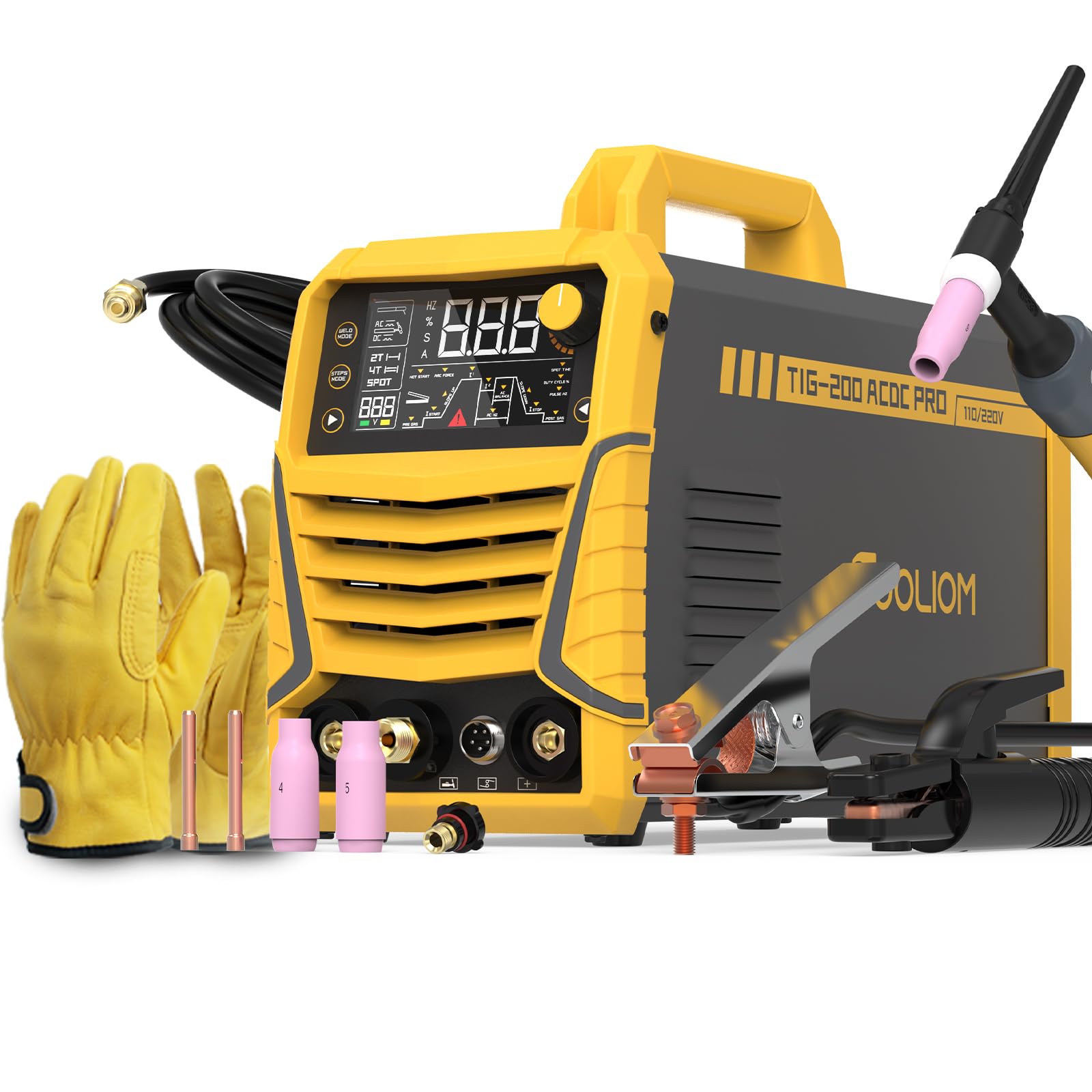 TOOLIOM 220A Cold TIG Welder with DC Pulse, 7 In 1 Cold Spot Lift TIG/Stick Welder with IGBT Inverter, 110&220V Welding Machine with Large Digital Display 2T/4T/4T Repeat Mode TIG Welding Equipment