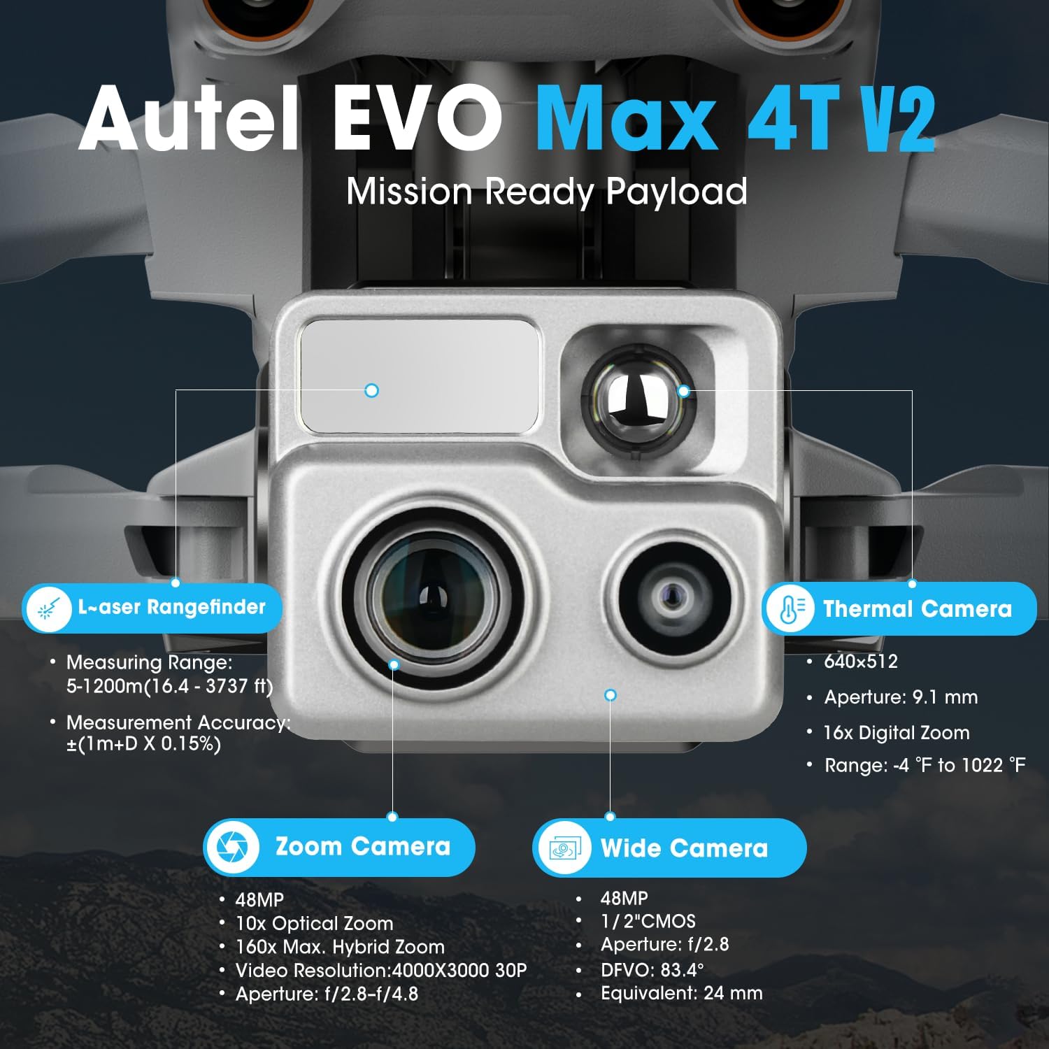 Autel Robotics EVO MAX 4T V2, Upgrade of MAX 4T/ 4T XE, 2026 Support Remote ID,1/2'' CMOS 48MP Wide, 640x512 T~hermal Camera, 16.4–3737ft L~aser Rangefinder, 48MP Zoom Camera, Battery In-place Detection, No Blind Spots, A-Mesh 1.0, Triple Anti-Jamming
