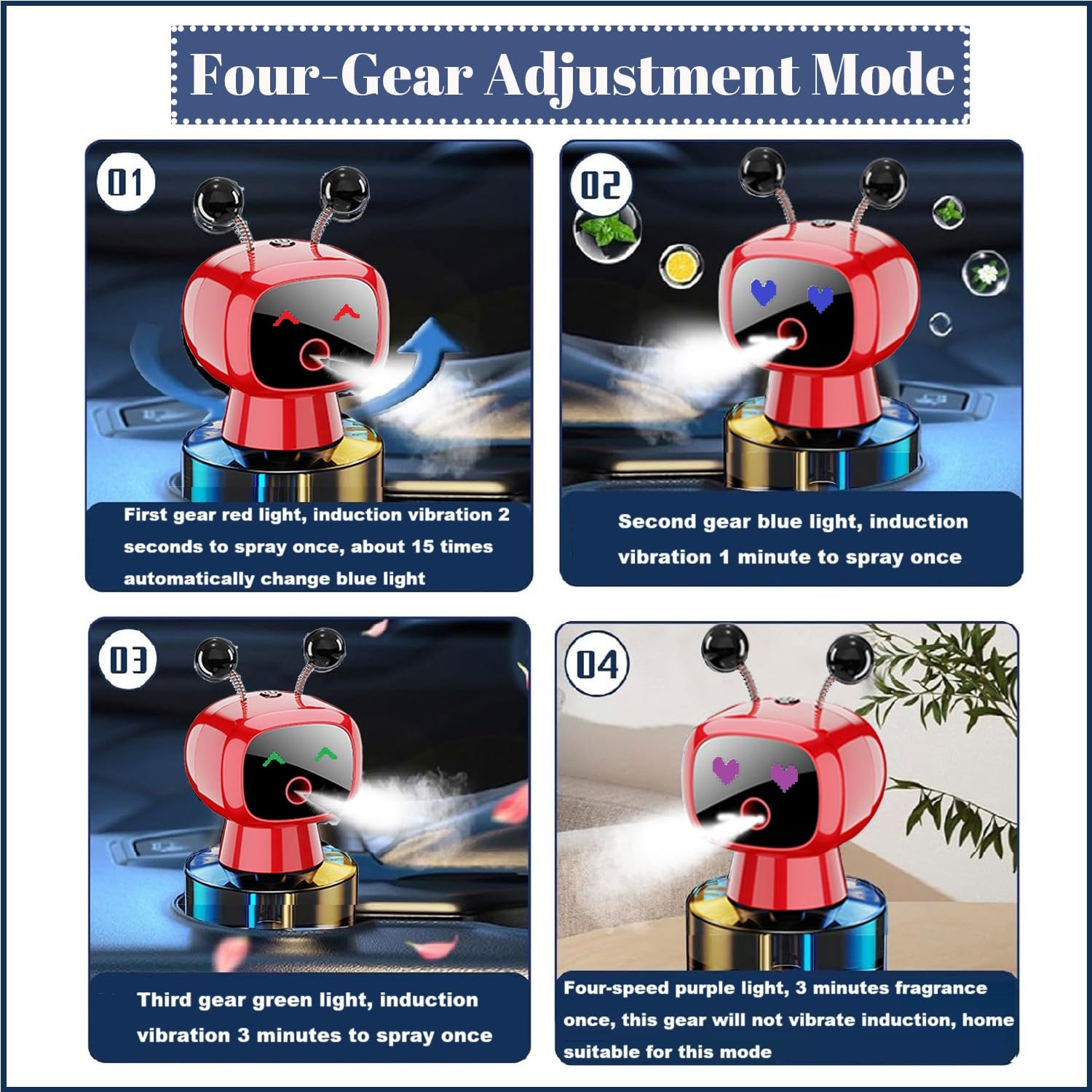 Robot Intelligent Aromatherapy Machine, Smart Cute Robot Car Air Freshener - Fine Spray/Fillable/Four-Gear Adjustment/Vibration Sensing/On-Off/Large Capacity Long-Lasting Fragrance/Black-V2(Cologne)