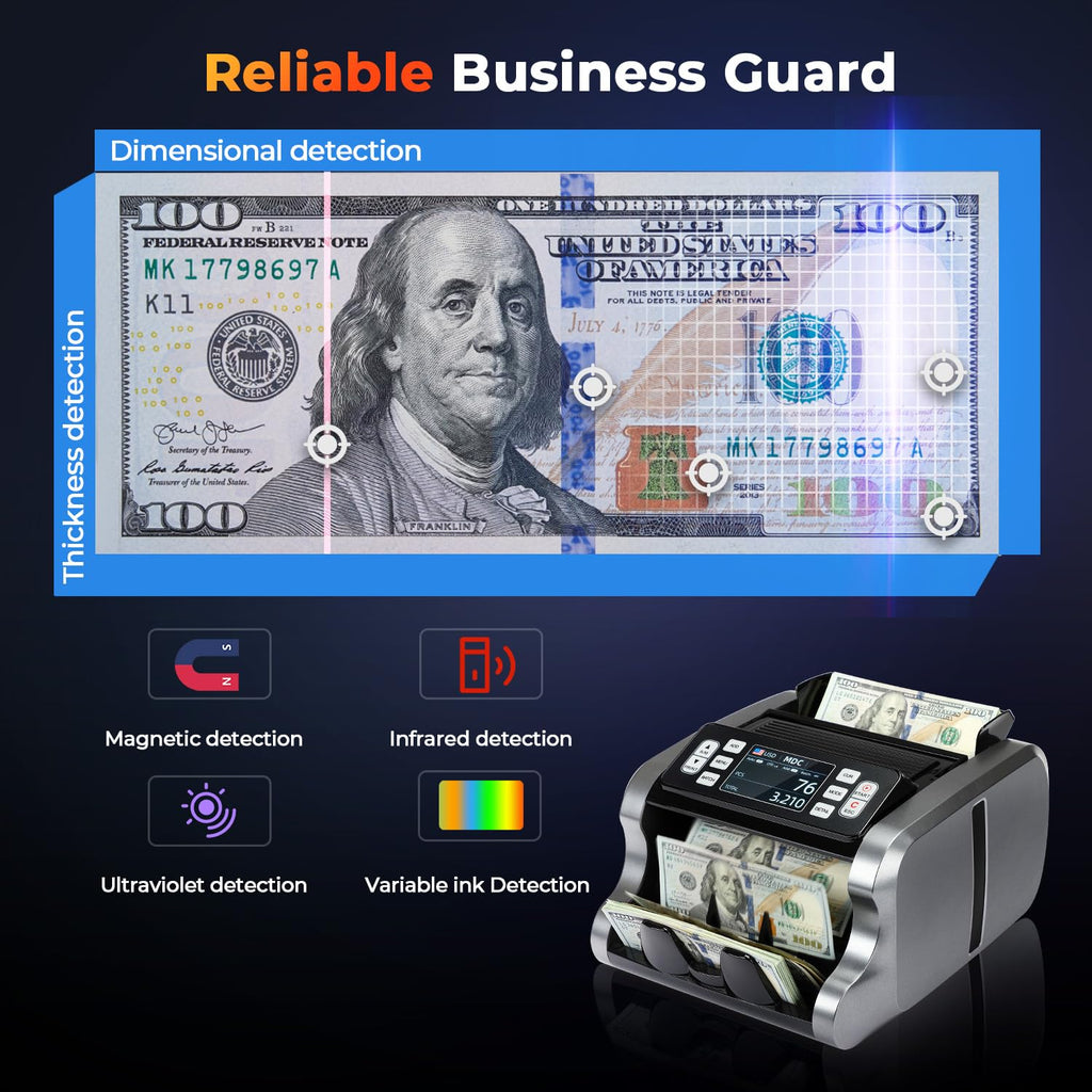 MUNBYN IMC09 Mixed Denomination Money Counter Machine, Value Counting, UV/MG/IR/MT Bill Counter, 3.5" TFT Display Money Counting Machine, USD, EUR, MXN, CAD Cash Counter for Business (White)