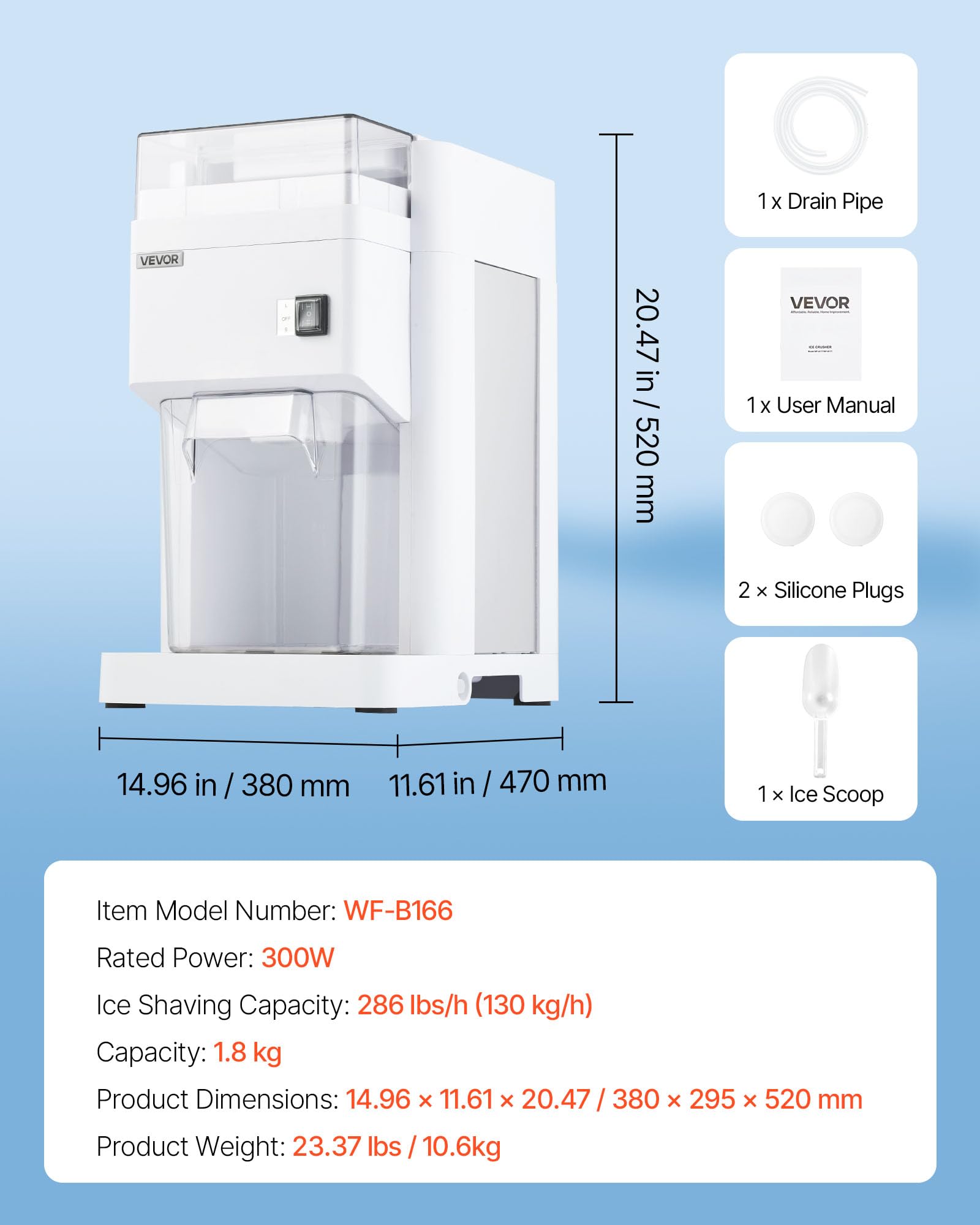 VEVOR Commercial Ice Shaver Crusher, 220lbs/hr Electric Fluffy Ice & Snow Cone Machine, 250W 1500RPM Tabletop Fluffy Shaved-Ice Machine for Parties Events Snack Bar, Home and Commercial Use (White)