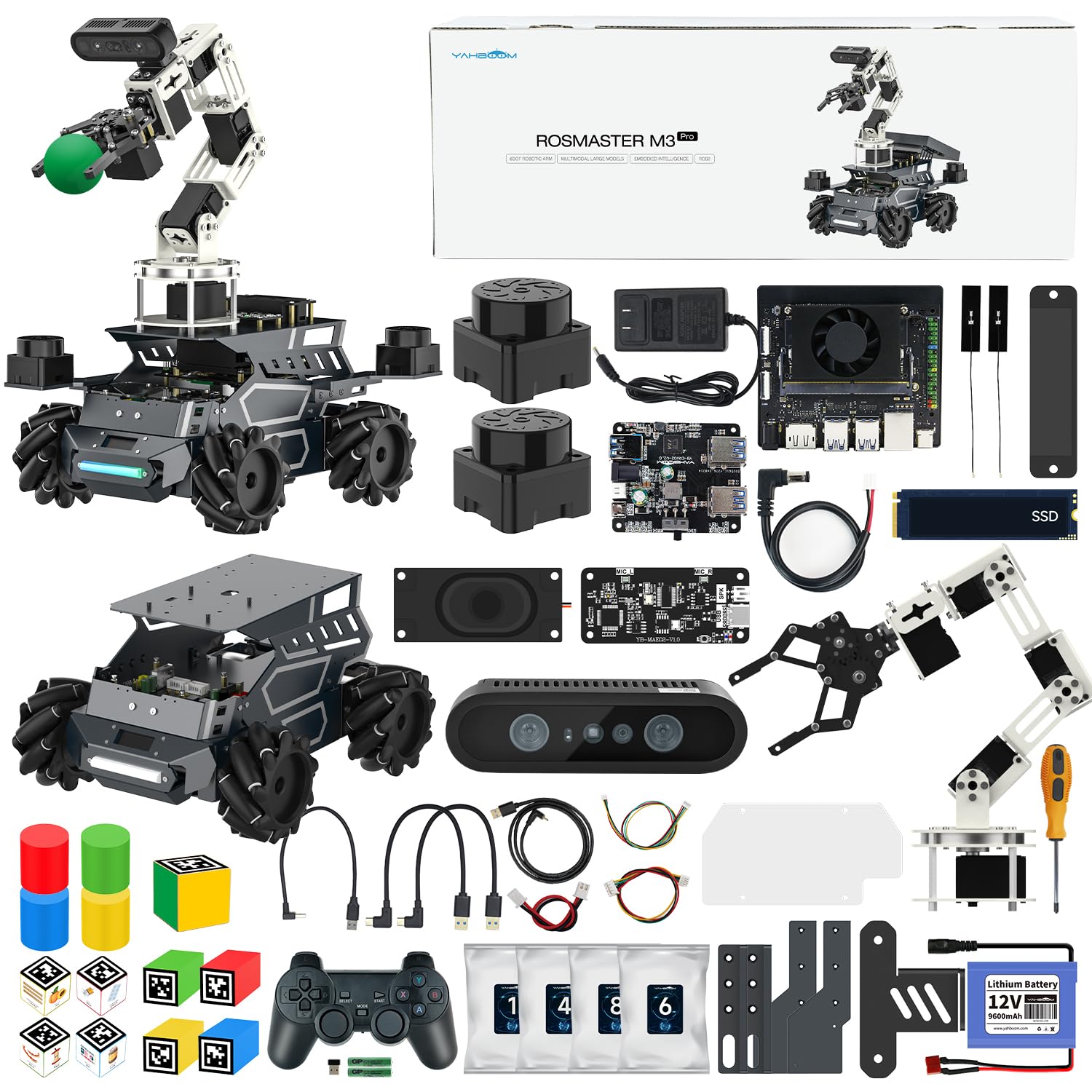 Yahboom ROS2 Robot Kit with Jetson Orin Nano 8GB Super Large AI Model with 6DOF Robotic Arm, 7-inch HD Display,AI Voice Interaction Module Provides AI Vision App Control