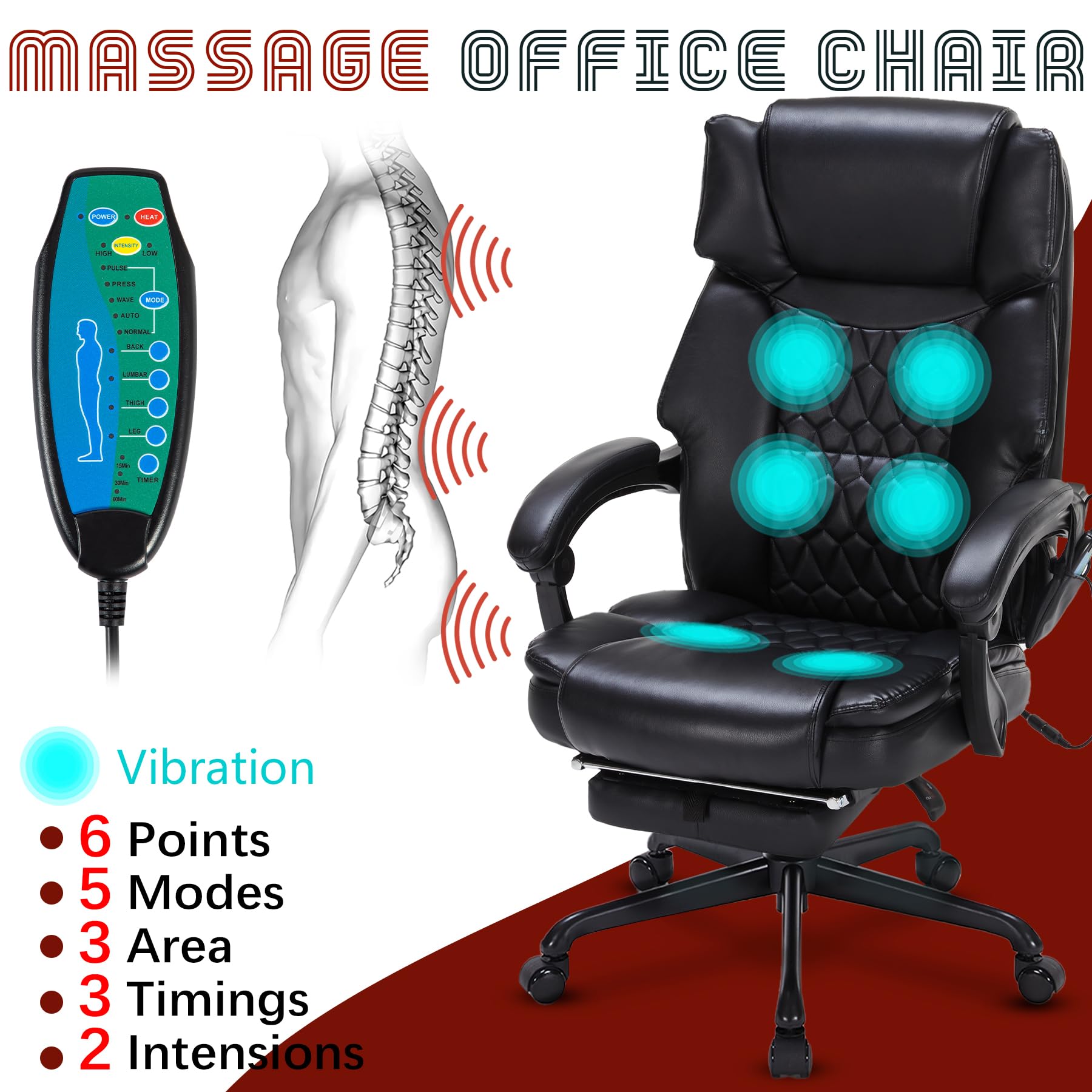 Massage Office Chair with Foot Rest 6 Points Vibration and Heat Home Office Desk Chairs for Heavy People 400lbs Reclining Managerial Chairs Ergonomic Executive Chair (Black)