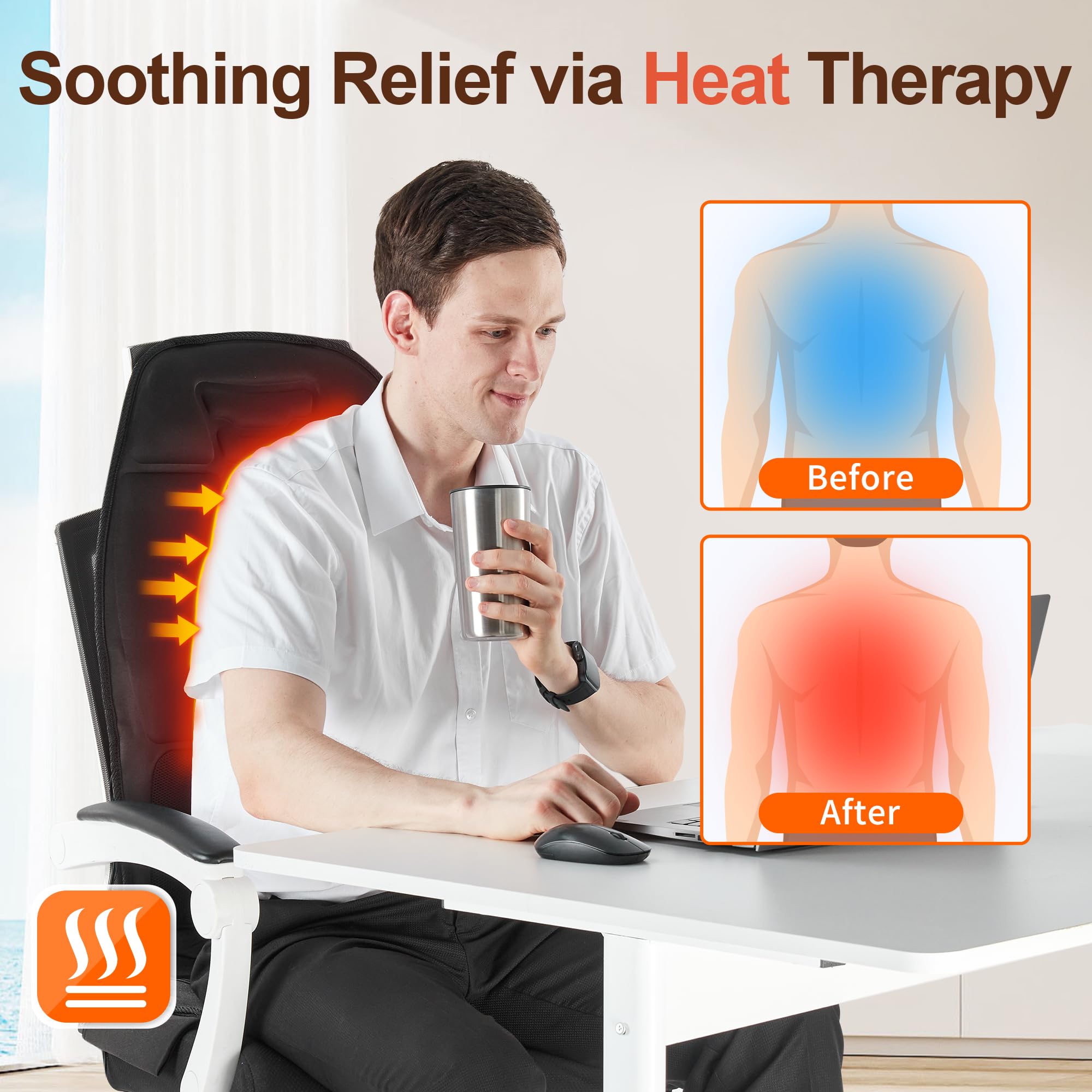 Back Massager with Heat，Vibration Massage Chair Pad with 5 Massage Modes & Adjustable Heat Levels, Memory Foam Back Massager Cushion for Office Chair, or Home Use，Midnight