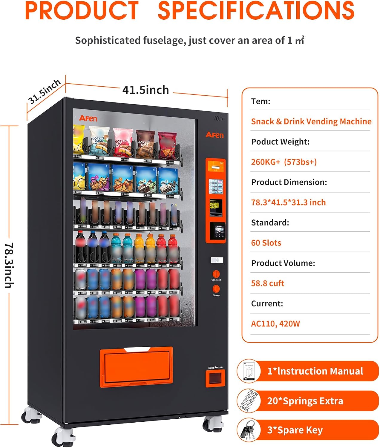Afen Commercial Vending Machine with Bill & Coin Acceptor and Card Reader, 60 Slot Refrigerated Beverage Snack Combo Vending machine for Business, Durable Cashless Drink Vending in Bulk