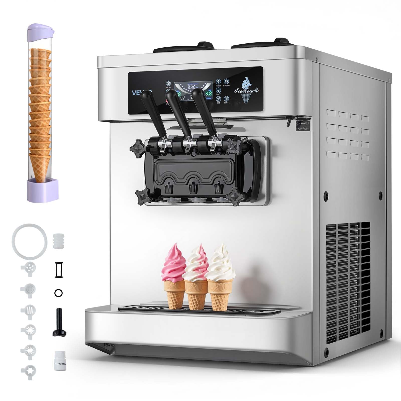 VEVOR Commercial Ice Cream Machine, 21 QT/H Soft Serve Ice Cream Maker with LCD Panel Auto Clean 3-Flavor Pre-cooling for Restaurant Snack Bar