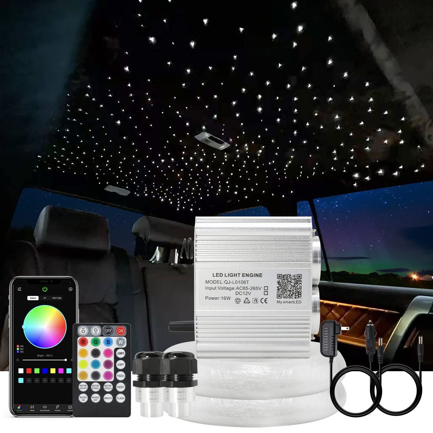 AKEPO Shooting Star+Twinkle Fiber Optic Lights Kit, Car Home Use Meteor APP Control Music Activated Star Ceiling Sky Light, RGBW Light Engine+Mixed Diameter Fibers 460pcs of 9.8ft/3m+Remote