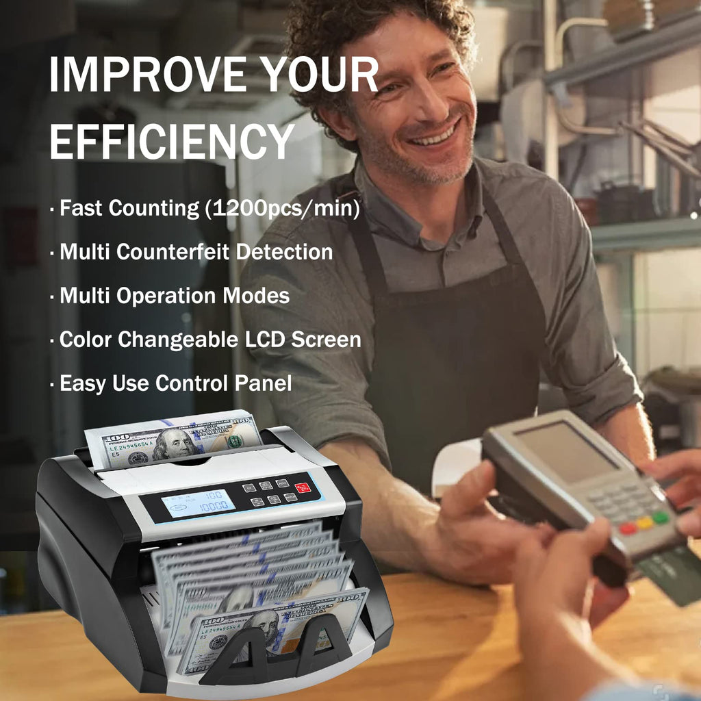 Money Counter Machine Count Value,UV/MG/MT/IR Counterfeit Detection Bill Counter,US Dollar only Cash Counter, Add+Value/Batch+Value Modes,Money Counting Machine with LCD Display (Black+Grey)