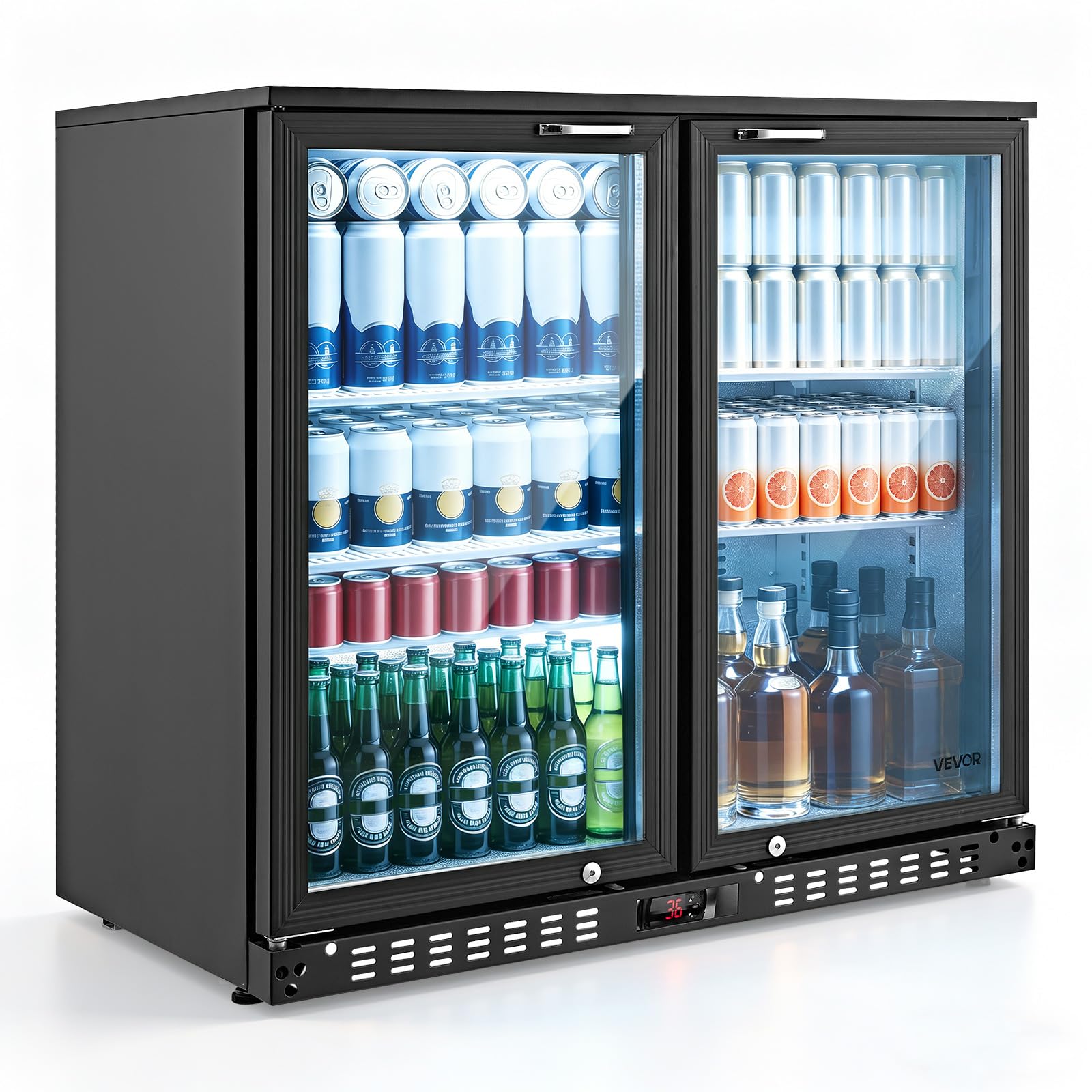 VEVOR Back Bar Cooler, 11.8 Cu. Ft Counter Height Beverage Refrigerator, Commercial Display Fridge w/ 2 Glass Doors, LED Lighting, Shelves, Fan Cooling Beer Wine Cooler for Pub, Merchandiser, Office