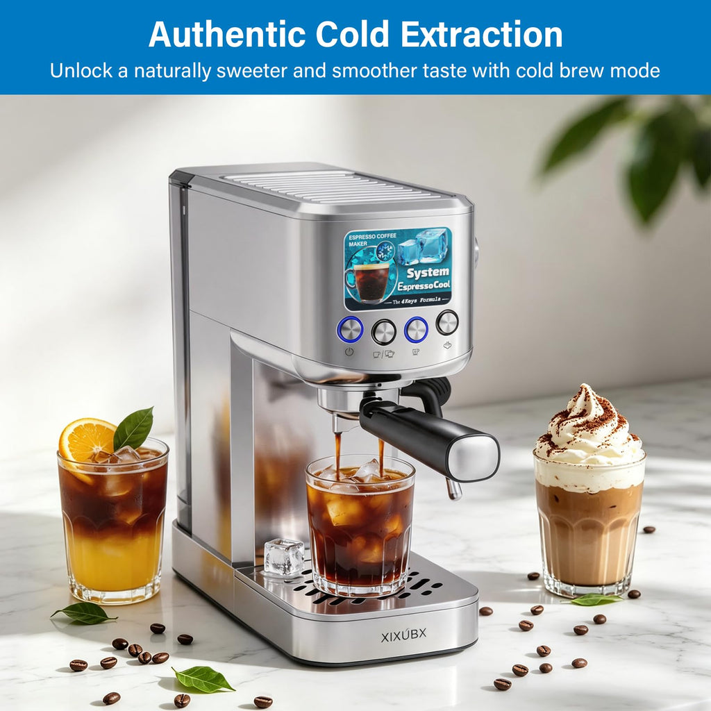 XIXUBX 20 Bar Espresso & Cold Brew Coffee Maker with Milk Frother, 42oz Removable Tank, Stainless Steel, Perfect for Cappuccino, Latte, Home & Office, Silver