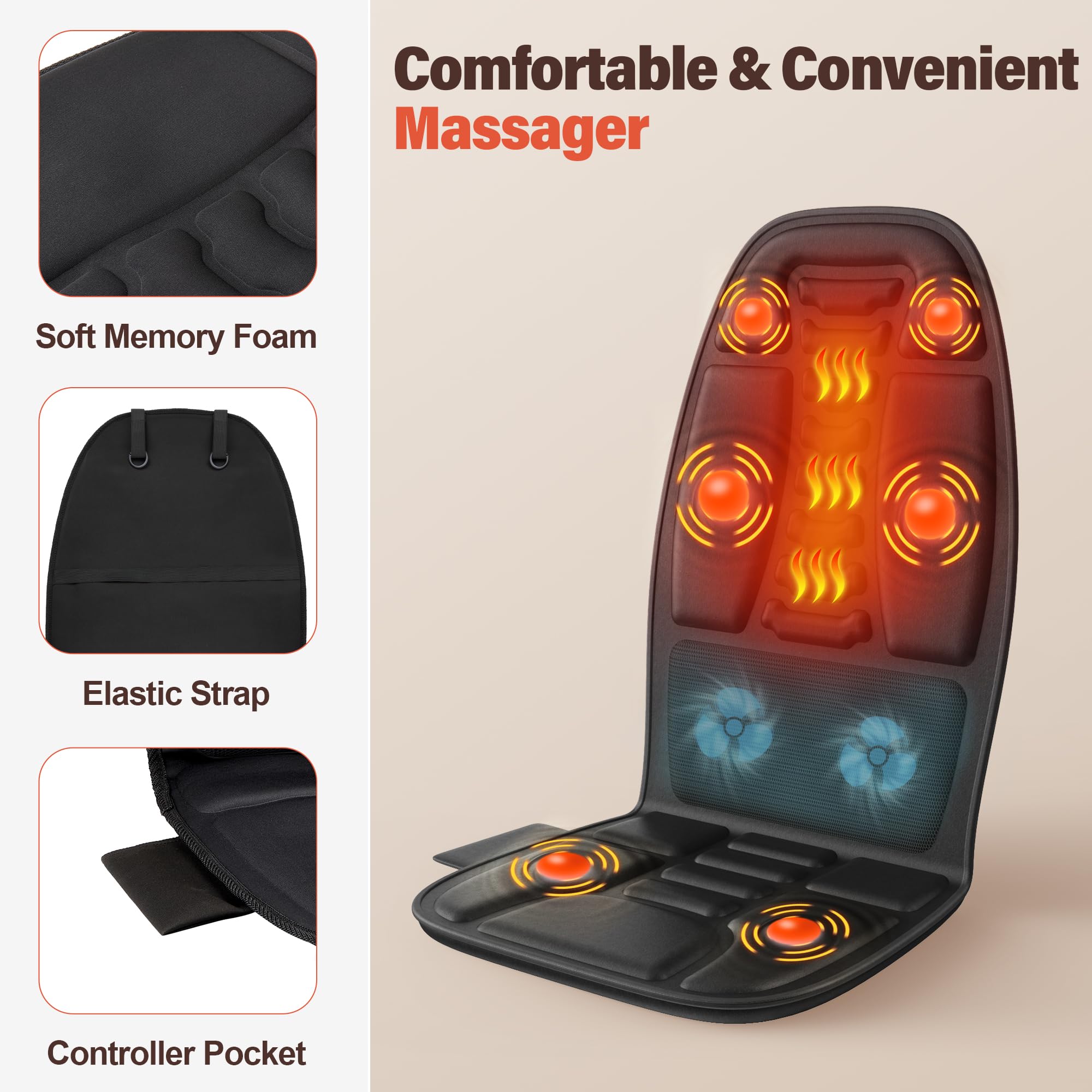 Back Massager with Heat，Vibration Massage Chair Pad with 5 Massage Modes & Adjustable Heat Levels, Memory Foam Back Massager Cushion for Office Chair, or Home Use，Midnight