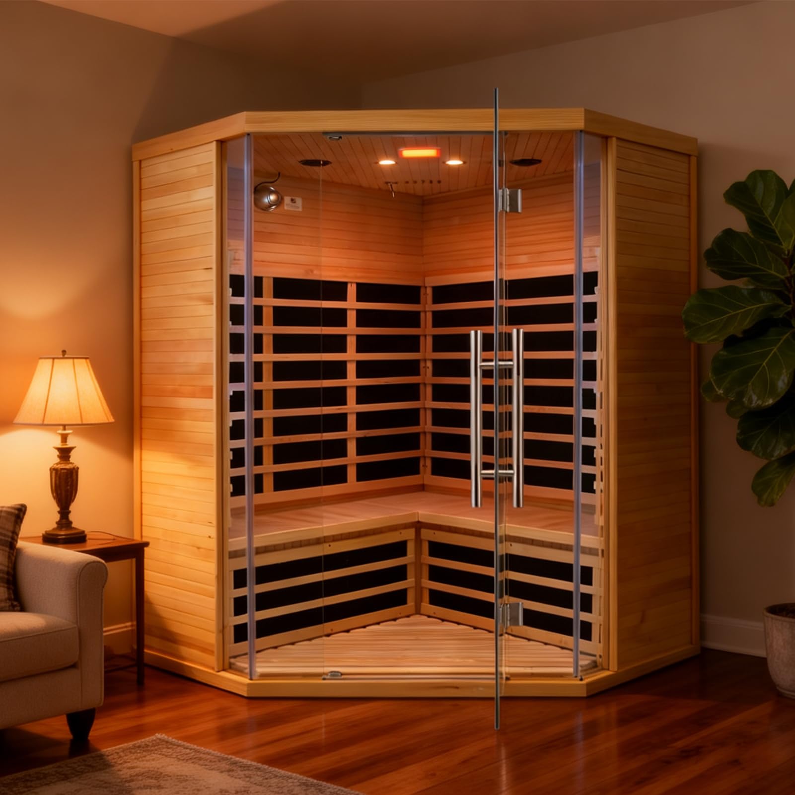 1350W Far Infrared Home Sauna, Energy-Efficient Fast-Heating Indoor Sauna Room with Bluetooth & 7-Color Therapy, Canadian Hemlock Wood, Modular Design - Ideal for Home Gym, Family Relaxation