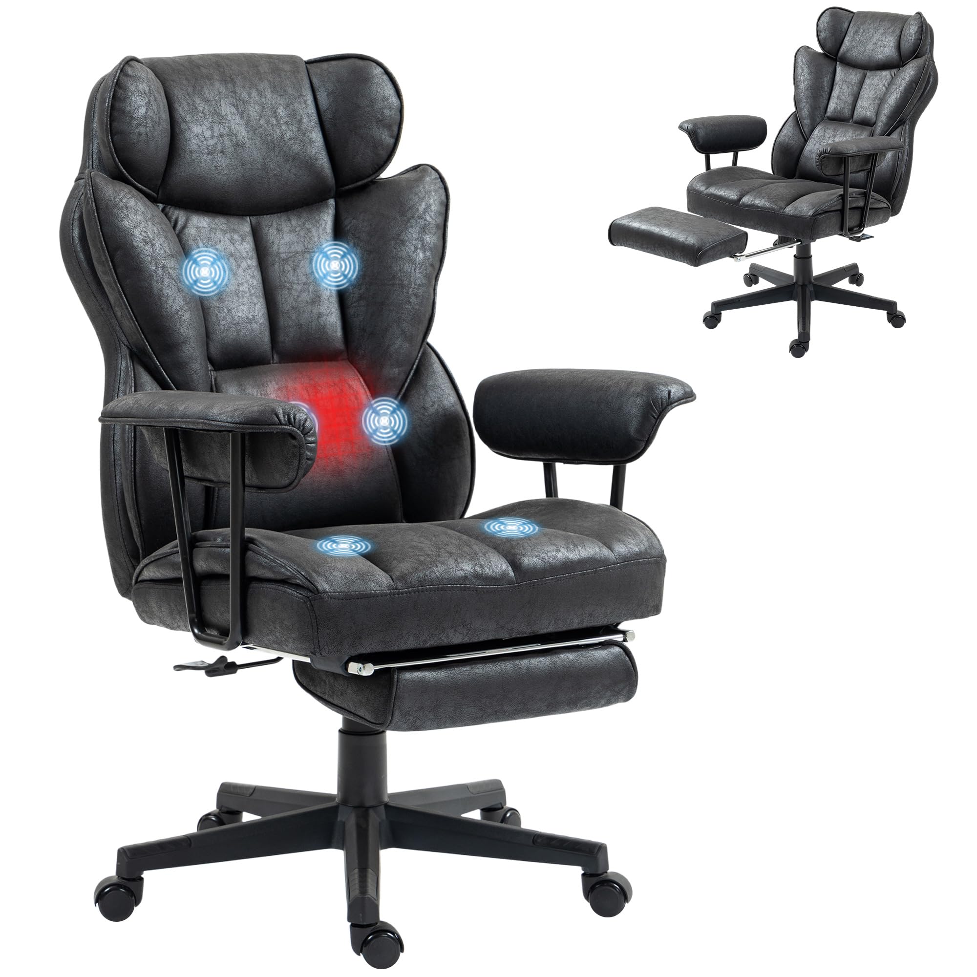 HOMCOM Massage Executive Office Chair with 6 Vibration Points, 400LBS Heated Big and Tall Office Chair with Foot Rest and Lumbar Support, Microfiber Reclining Computer Desk Chair, Gray