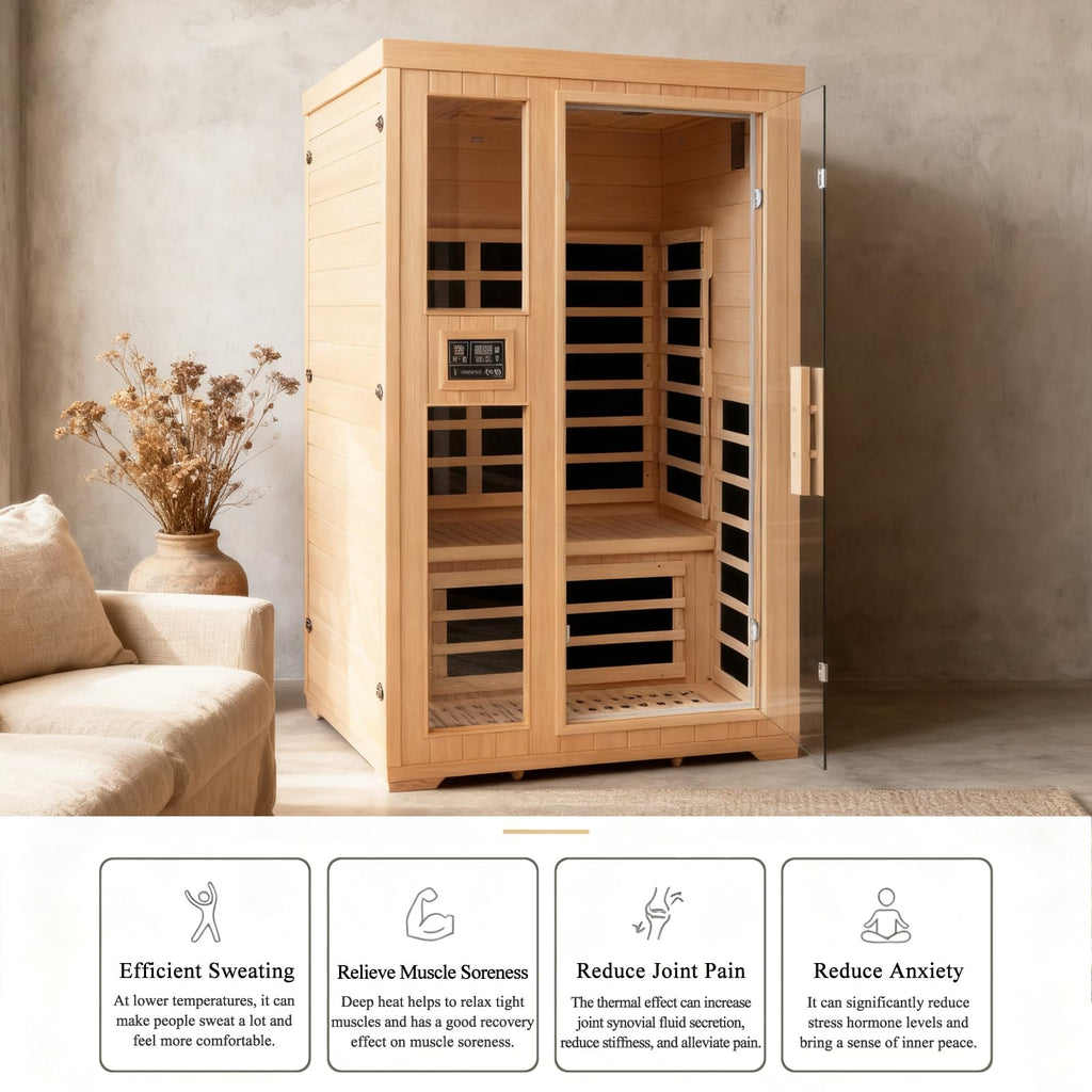 1350W Far Infrared Home Sauna, Energy-Efficient Fast-Heating Indoor Sauna Room with Bluetooth & 7-Color Therapy, Canadian Hemlock Wood, Modular Design - Ideal for Home Gym, Family Relaxation