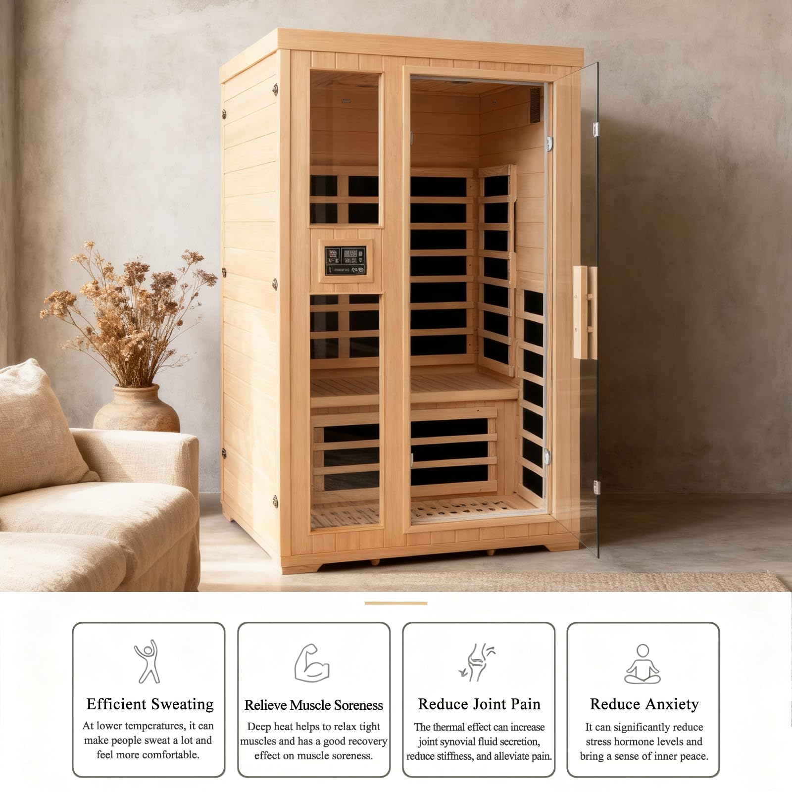 1350W Far Infrared Home Sauna, Energy-Efficient Fast-Heating Indoor Sauna Room with Bluetooth & 7-Color Therapy, Canadian Hemlock Wood, Modular Design - Ideal for Home Gym, Family Relaxation