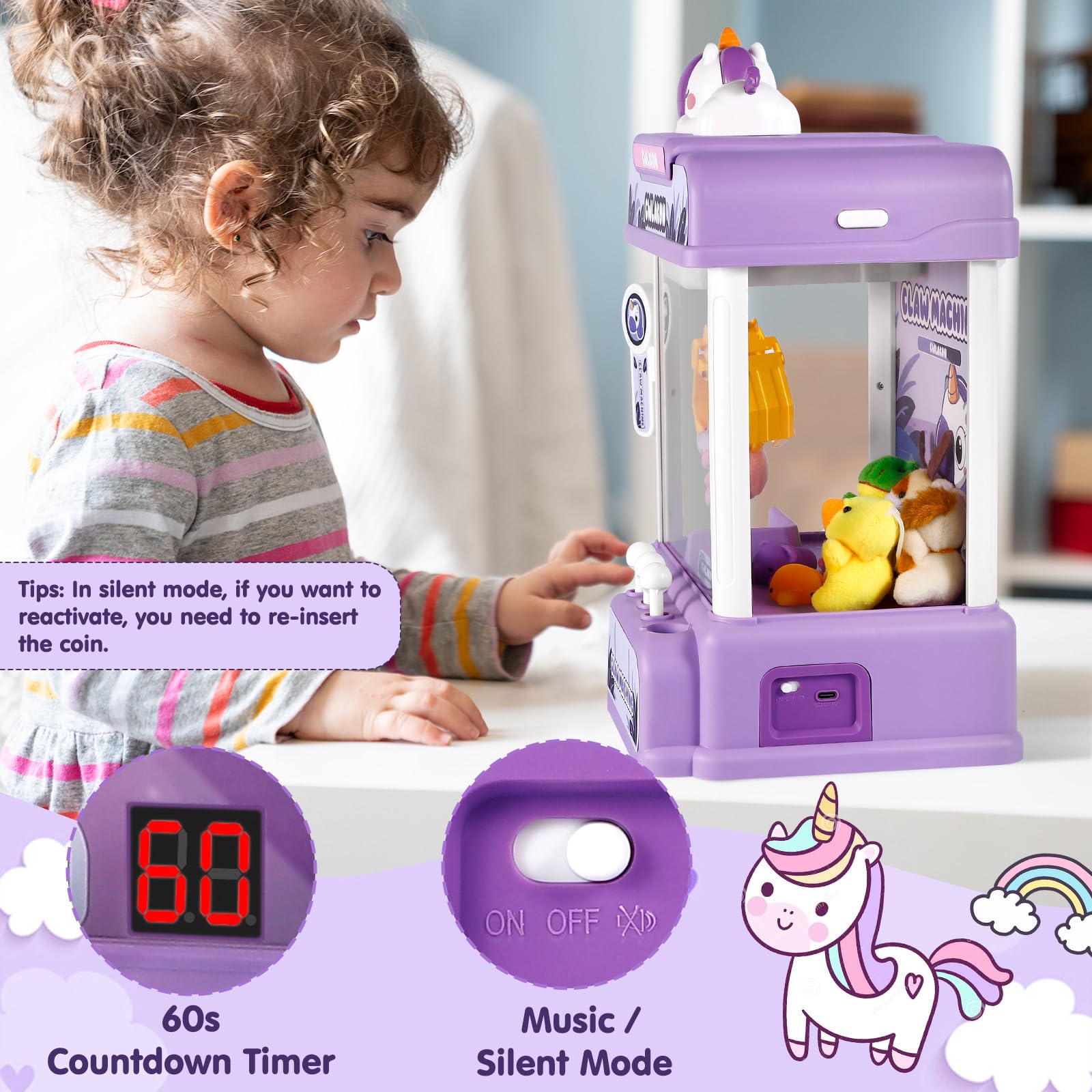 CWLAKON Claw Machine for Kids, Mini Vending Machine Unicorns Toys with Sound for Girls Age 3+, Candy Grabber Prize Dispenser Machine Arcade Games with Mini Plush Toys, Christmas Birthday Gifts