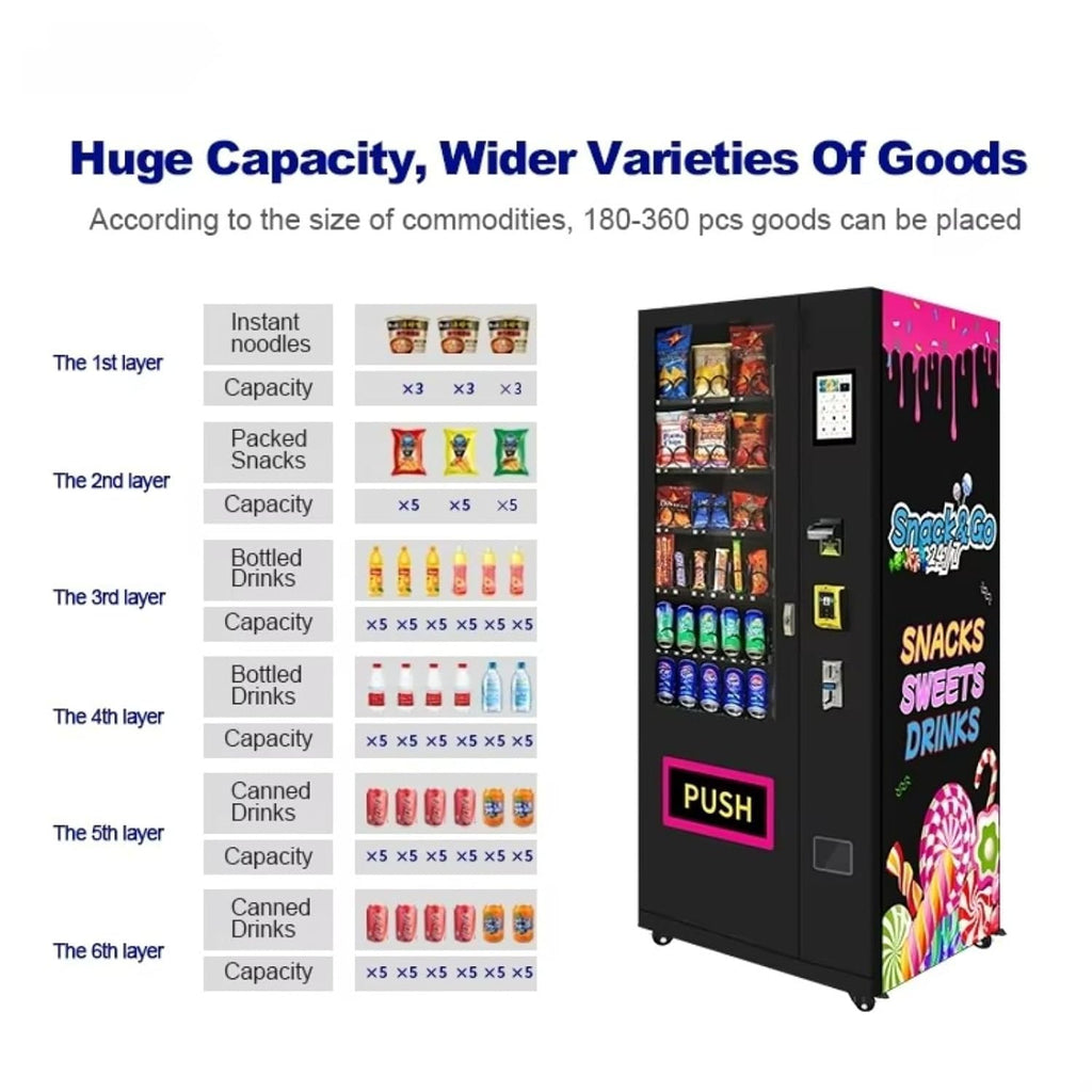 Automated vending machine for snacks, beverages, coffee, and soda; refrigerated vending machine with touch card reader, accepts banknotes/coins, adjustable coin slot; suitable for offices and schools.