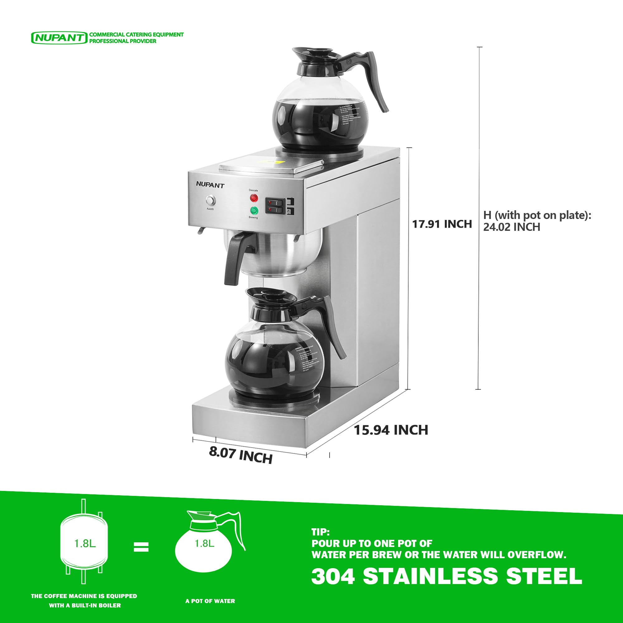 NUPANT Dual Drip Commercial Coffee Maker with Water Line 200 Cup/H 7.2L Auto-Filling Drip Coffee Maker Machine with 4 Carafes & 4 Warmers Stainless Steel Pour over Double Coffee Brewer for Restaurant