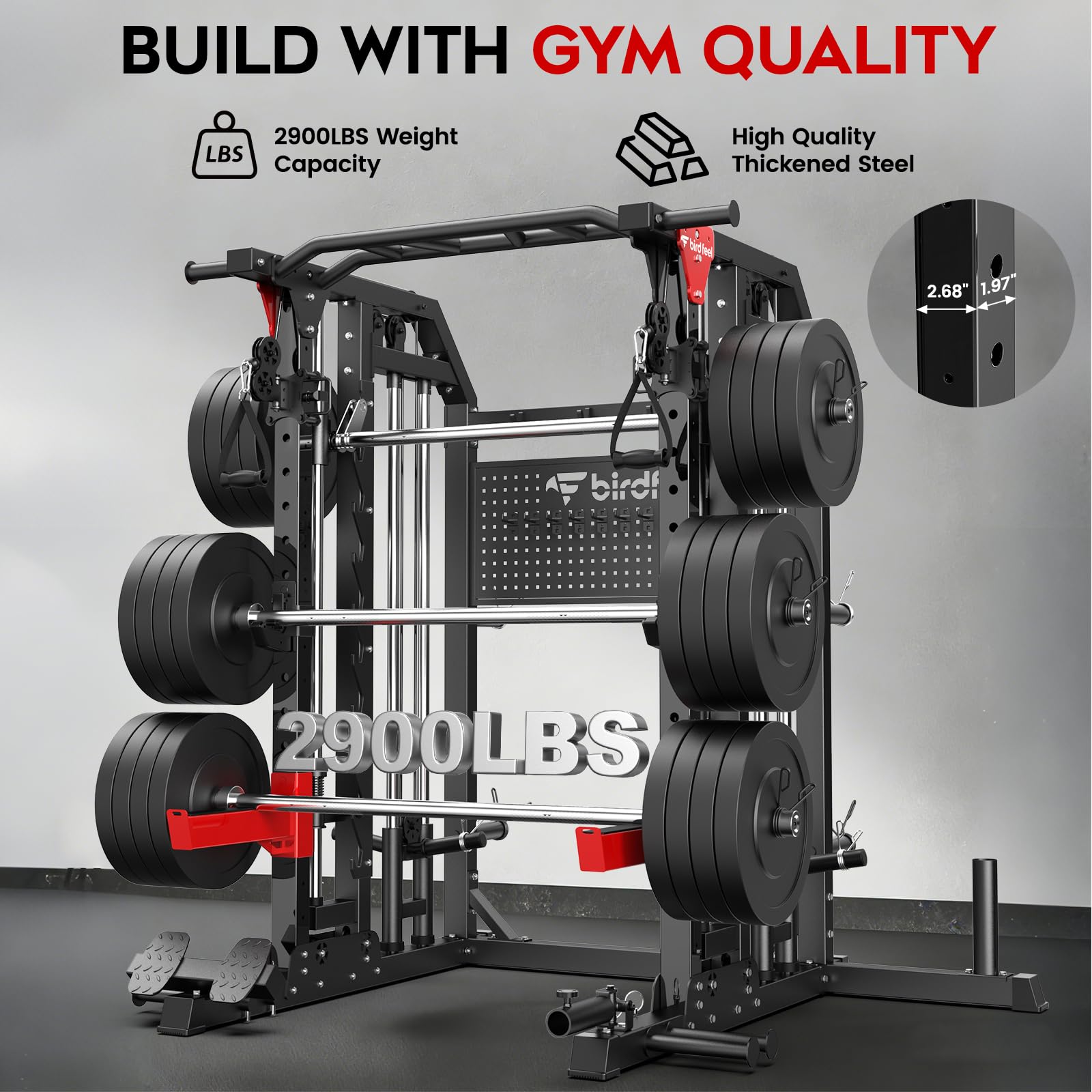 Multi-Function 2000LB Smith Machine Power Cage, Home Gym Squat Rack Featuring LAT Pulldown, Dual Pulley Cable Crossover, Gym-Quality Power Rack with Strength Training Attachments, Pegboard