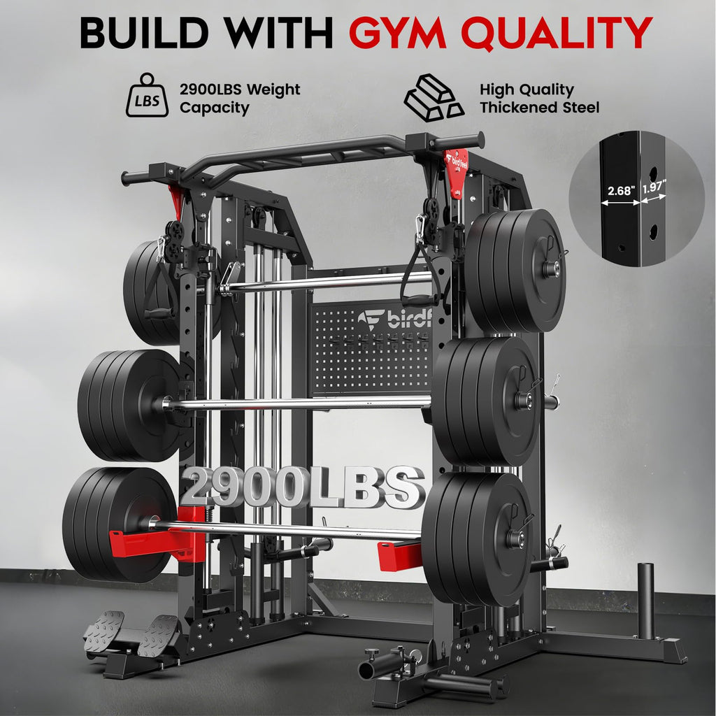 Multi-Function 2000LB Smith Machine Power Cage, Home Gym Squat Rack Featuring LAT Pulldown, Dual Pulley Cable Crossover, Gym-Quality Power Rack with Strength Training Attachments, Pegboard