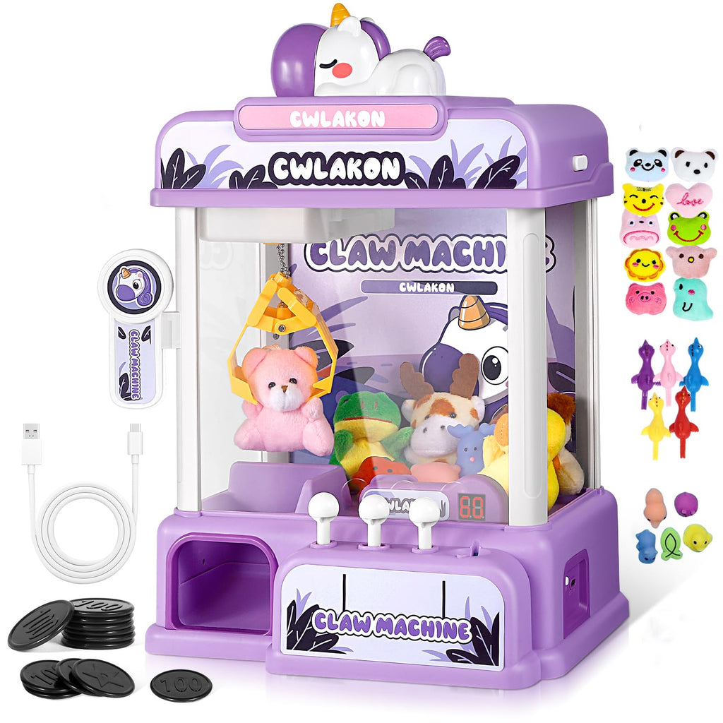 CWLAKON Claw Machine for Kids, Mini Vending Machine Unicorns Toys with Sound for Girls Age 3+, Candy Grabber Prize Dispenser Machine Arcade Games with Mini Plush Toys, Christmas Birthday Gifts