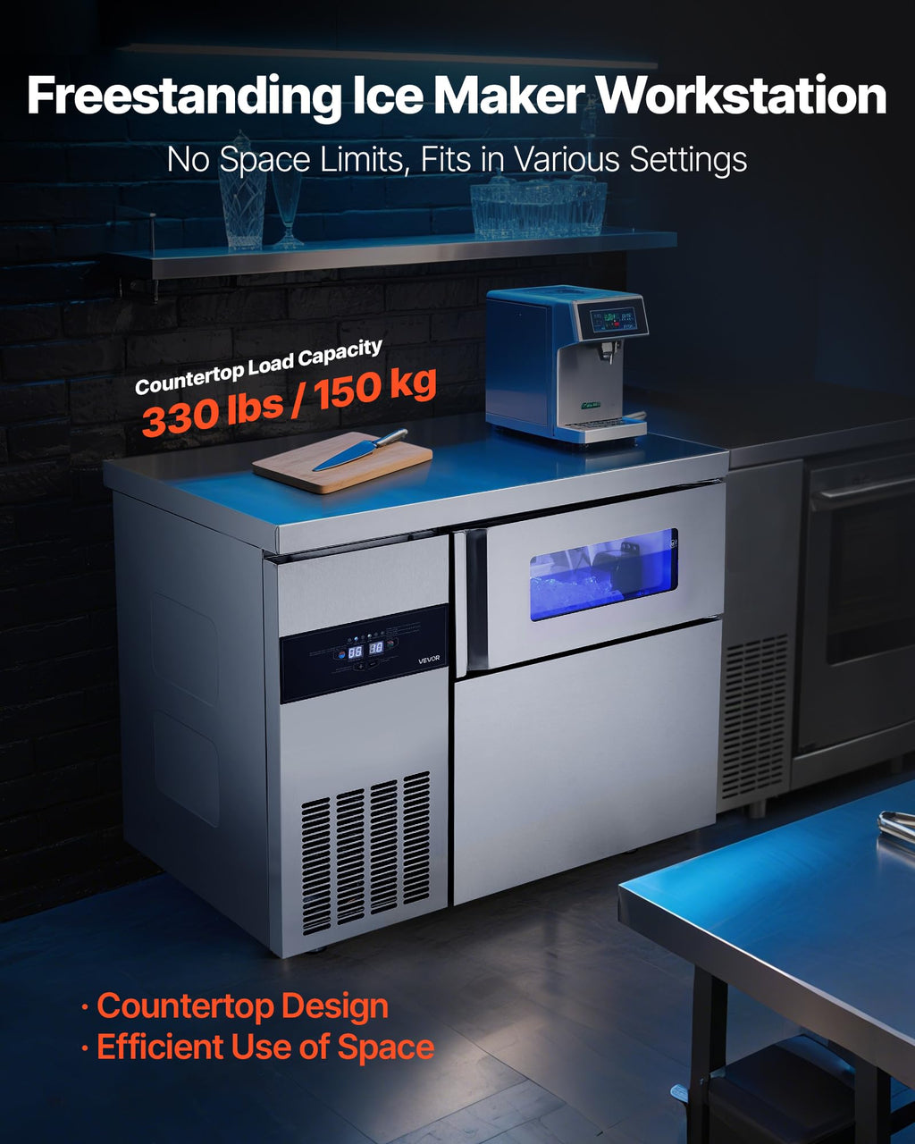 VEVOR Commercial Ice Maker Machine, 330 lbs/24H Stainless Steel Ice Machine with Worktop, 88 lbs Storage & 144 Cubes/Cycle, Self-Cleaning Freestanding Ice-Making for Home Bar Office Restaurant Kitchen