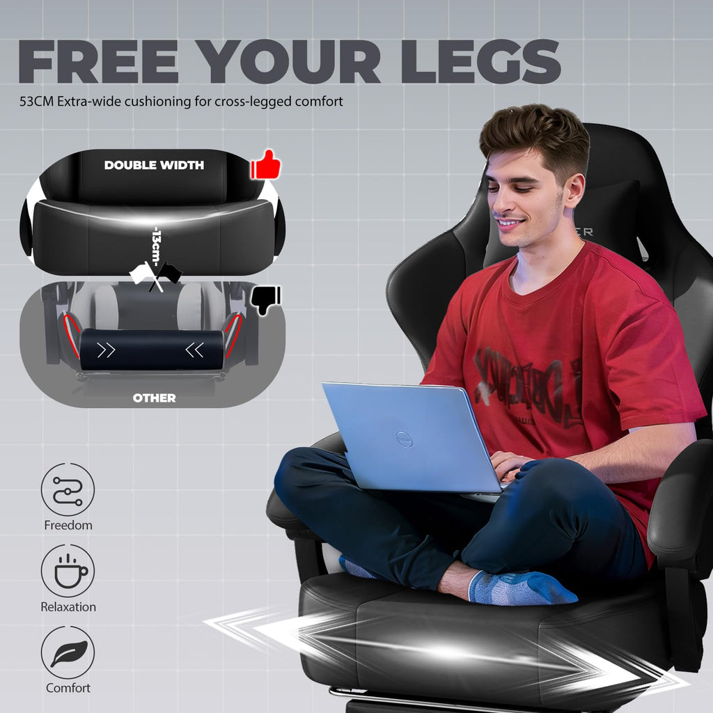 GTPLAYER Gaming Chair with Pocket Spring Cushion, Big and Tall Gamings Chairs 350LBS High Back Computer Chair with Footrest for Adults Lumbar Support Swivel Game Chair for Office,Leather Black-Massage