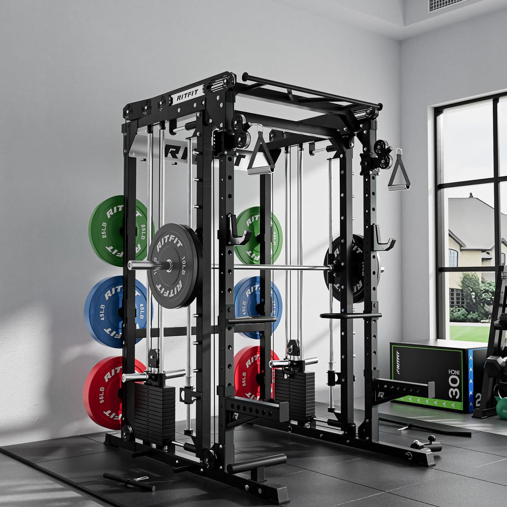 RitFit M2 3D Smith Machine & 286.6LB Built-in Weight Stack with Cable Crossover System, All in One Functional Trainer & Power Cage, 16 Adjustment Holes, 6 Storage Pegs for Full-Body Home Gym