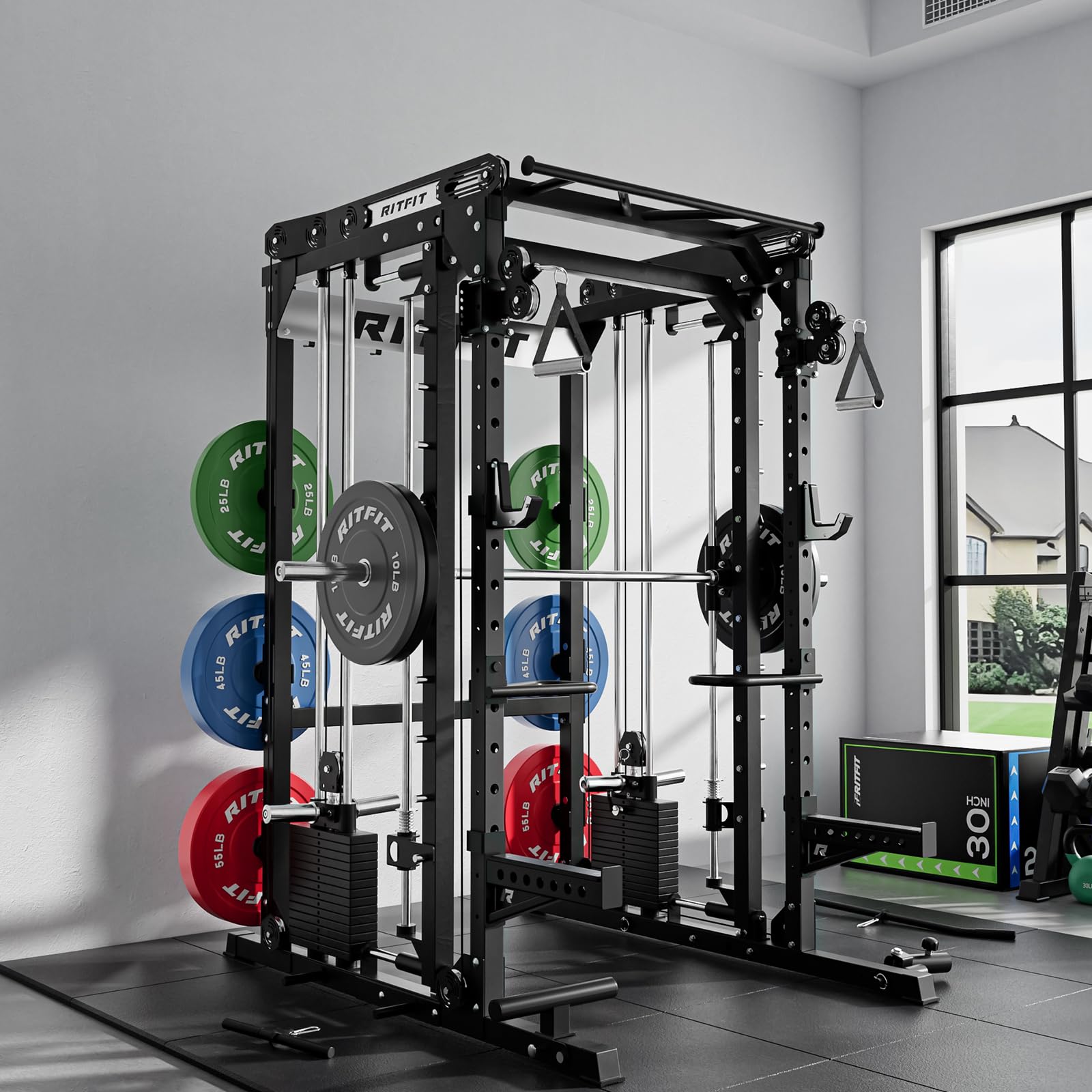 RitFit M2 3D Smith Machine & 286.6LB Built-in Weight Stack with Cable Crossover System, All in One Functional Trainer & Power Cage, 16 Adjustment Holes, 6 Storage Pegs for Full-Body Home Gym