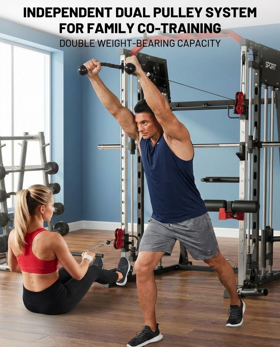 Smith Machine Home Gym, 2200LB Power Cage with Dual Pulley Cable Systems, LAT Pull-Down, Leg Hold-Down & 20+ Attachments for Full Body Workouts