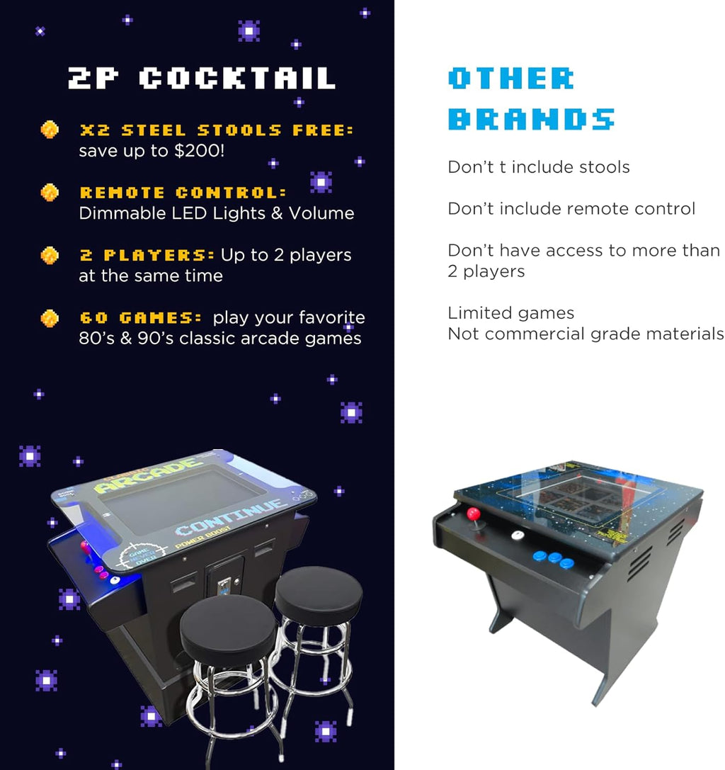 Creative Arcades Full Size Commercial Grade Cocktail Arcade Machine | 2 Player | 412 Games | 26" LCD Screen | Square Glass Top | 2 Sanwa Joysticks | 2 Stools Included | 3 Year Warranty