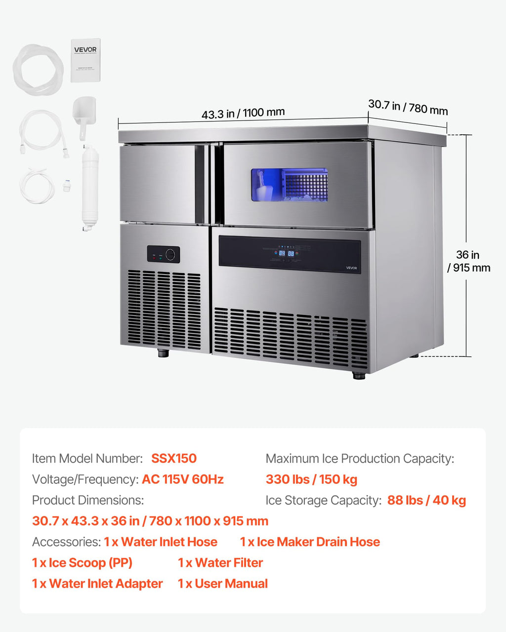 VEVOR Commercial Ice Maker Machine, 330 lbs/24H Stainless Steel Ice Machine with Worktop, 88 lbs Storage & 144 Cubes/Cycle, Self-Cleaning Freestanding Ice-Making for Home Bar Office Restaurant Kitchen