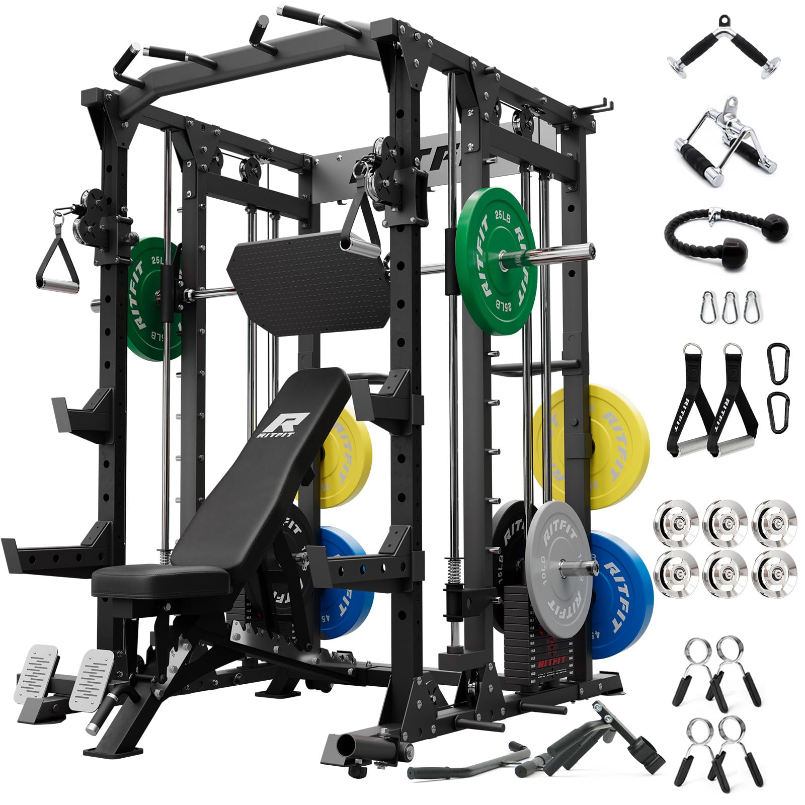 RitFit Buffalo Smith Machine Package, All-in-One Power Cage with Weight Stack , Power Rack with Cable Crossover & Leg Press Attachment for Home Gym