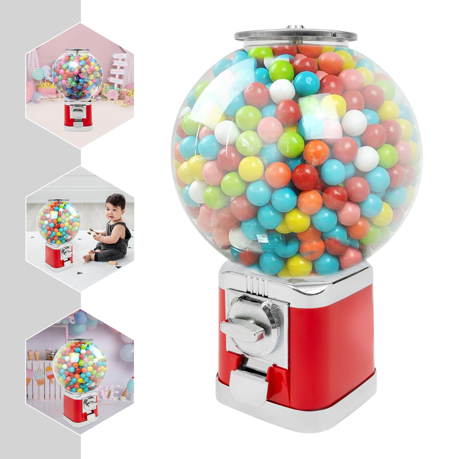 Vending Machine, Big Capsule Vending Candy Gumball Machine, Large Load Capacity Gumball Bank, Gumball Dispenser Commercial Vending Machines for Game Stores Retail Stores Home (Red)