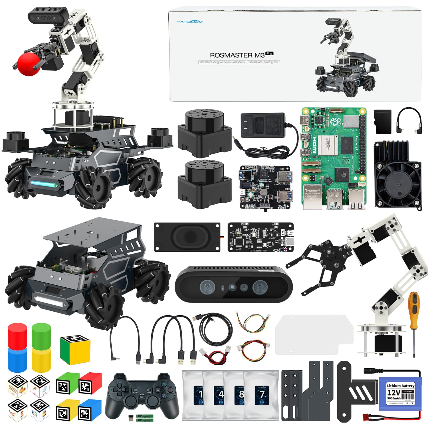 Yahboom ROS2 Robot Kit with Jetson Orin Nano 8GB Super Large AI Model with 6DOF Robotic Arm, 7-inch HD Display,AI Voice Interaction Module Provides AI Vision App Control