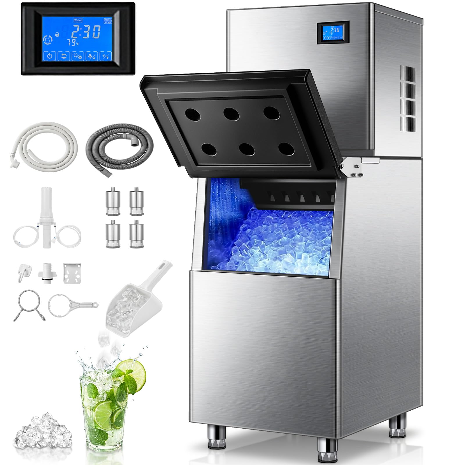 Commercial Ice Maker Machine 380LBS/24H, 250LBS Stainless Steel Storage Bin, 132 Ice Cubes in 8-15min, Self-Cleaning, Air Cooled Ice Machine with Touchscreen for Bar Business Restaurant Cafe (380 lbs)