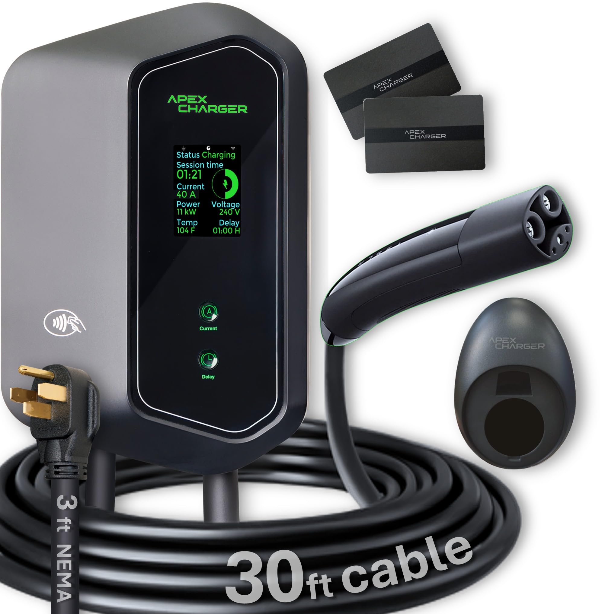 MACH 1: Fast 48 Amp Level 2 EV Charger, Wall-Mount Electric Vehicle Charging Station, 200-240V Hardwire or NEMA 14-50. J1772 car Connector & Tesla NACS, Indoor/Outdoor, 30ft Cable evse Adapter