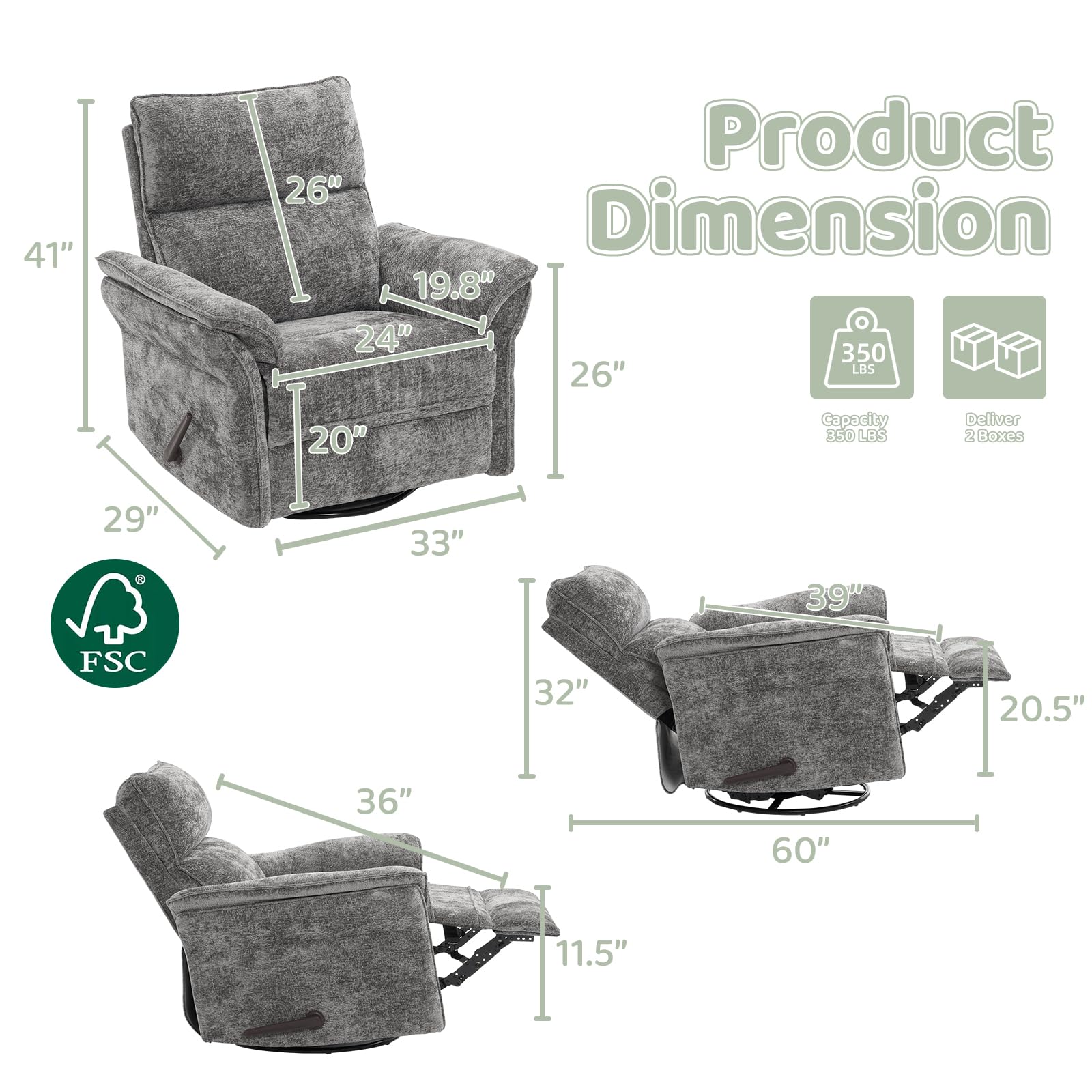 Oversized Rocking Chair Nursery with Massage and Heat, Glider Recliner Nursery Chair with Adjustable Headrest, Power Swivel Rocker Recliner Chair with USB Port, Dark Grey