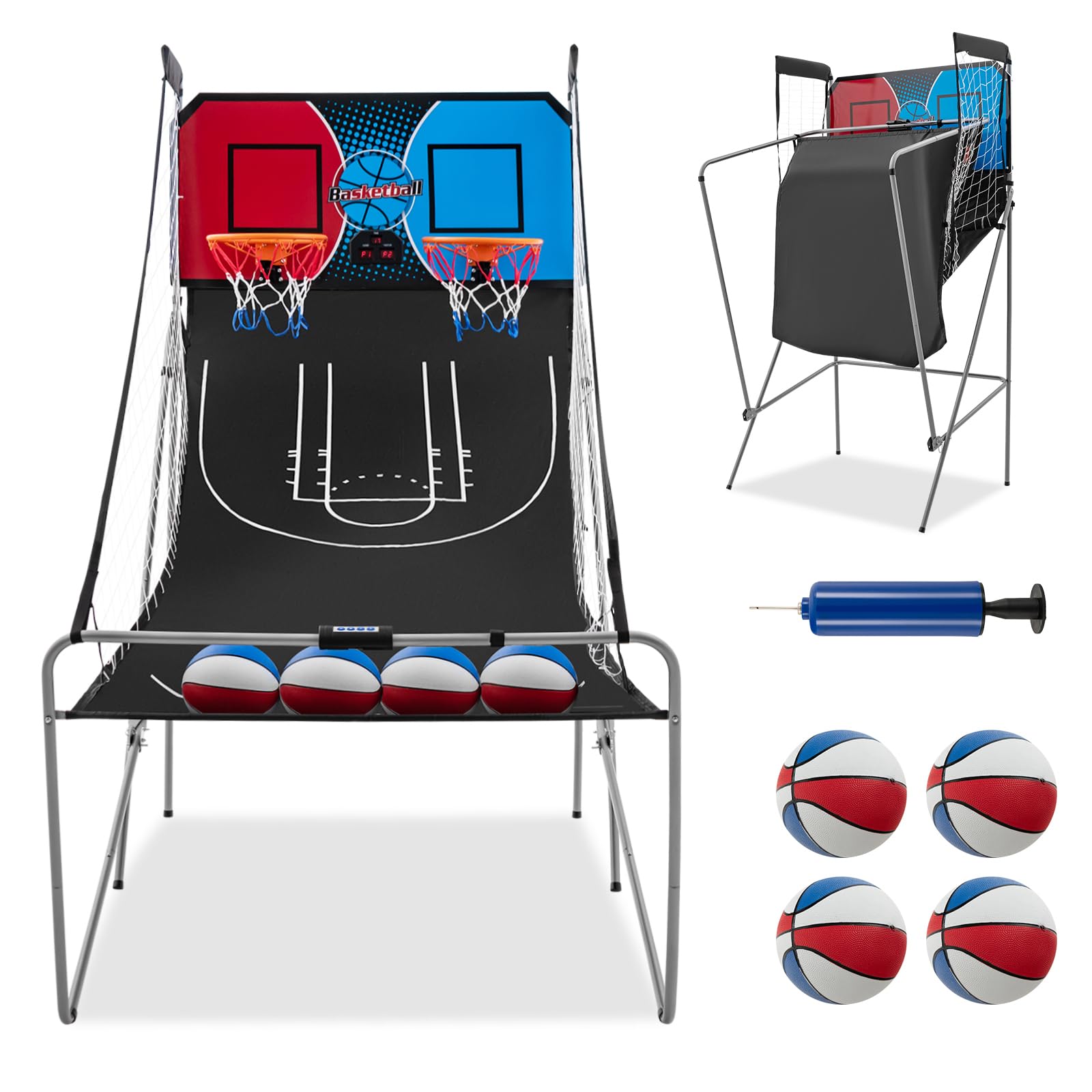GYMAX Arcade Basketball Game Indoor Foldable with 8 Game Modes, Arcade Sound, 4 Balls and Inflation Pump, Electronic Basketball Games for Home