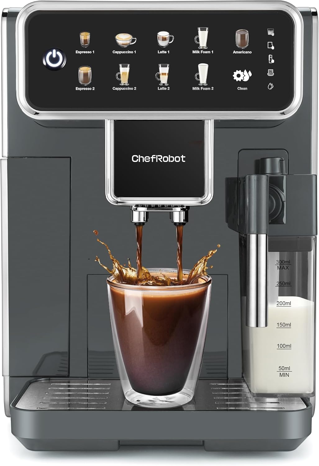 Chef Robot Automatic Espresso Machine Coffee Maker 12 Cup with Grinder Cappuccino Latte Americano Machine with Milk Frother for Home/Office (Gray)