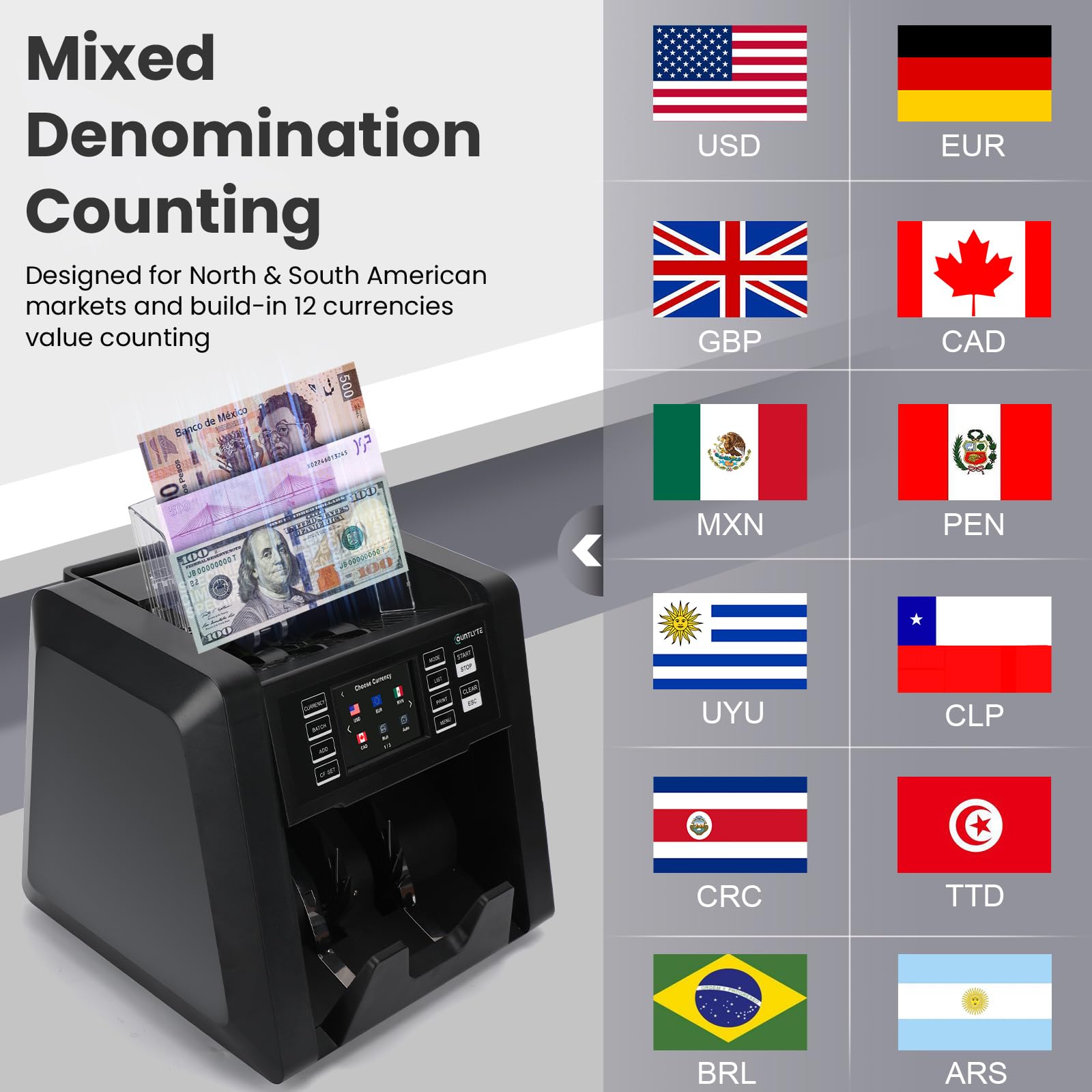 C-N30A Mixed Denomination Money Counter Machine,Value Counting,Multi Currency,CIS/UV/MG/IR Counterfeit Detection Bill Counter,Printer Enabled,Touch Screen,Cash Counter
