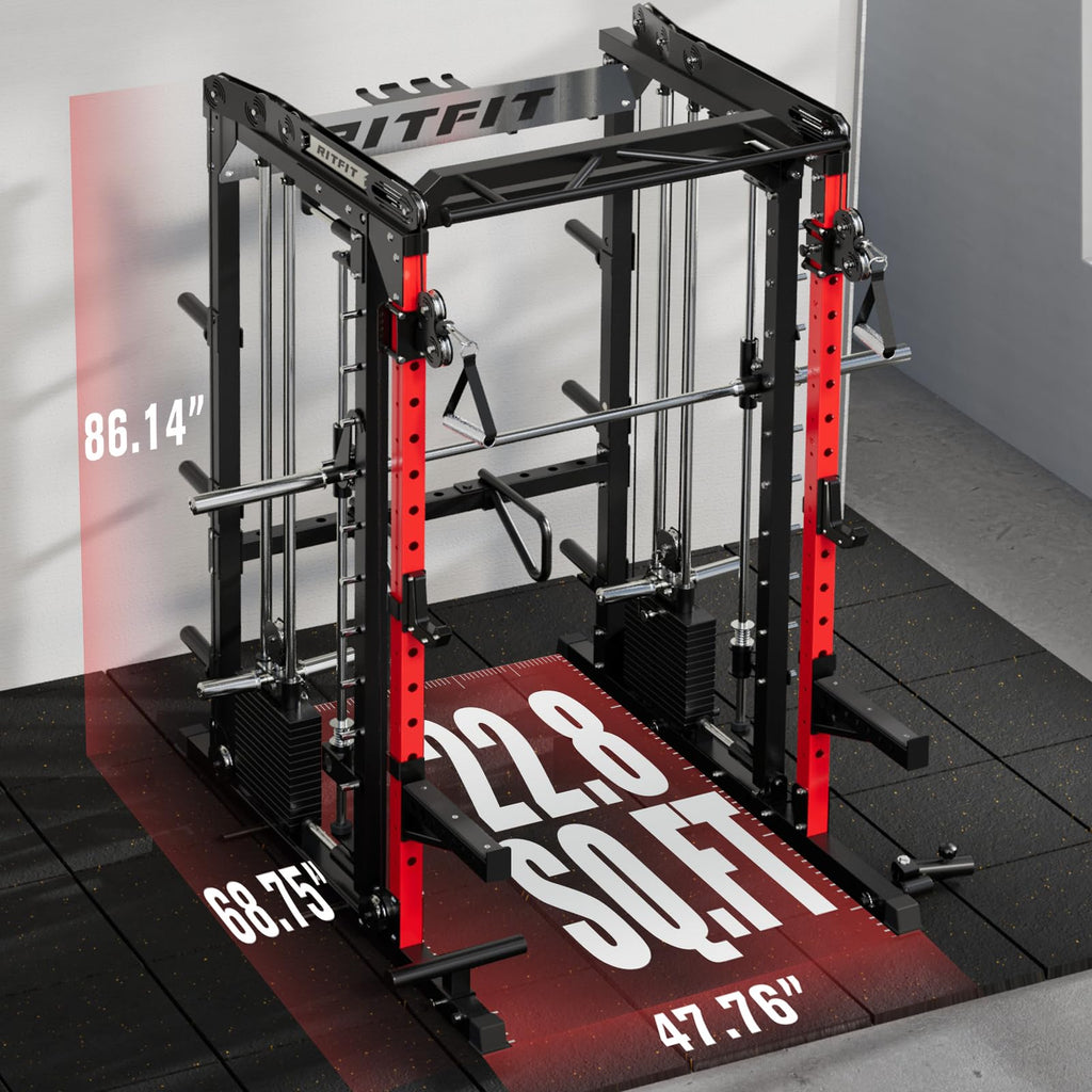 RitFit M2 3D Smith Machine & 286.6LB Built-in Weight Stack with Cable Crossover System, All in One Functional Trainer & Power Cage, 16 Adjustment Holes, 6 Storage Pegs for Full-Body Home Gym