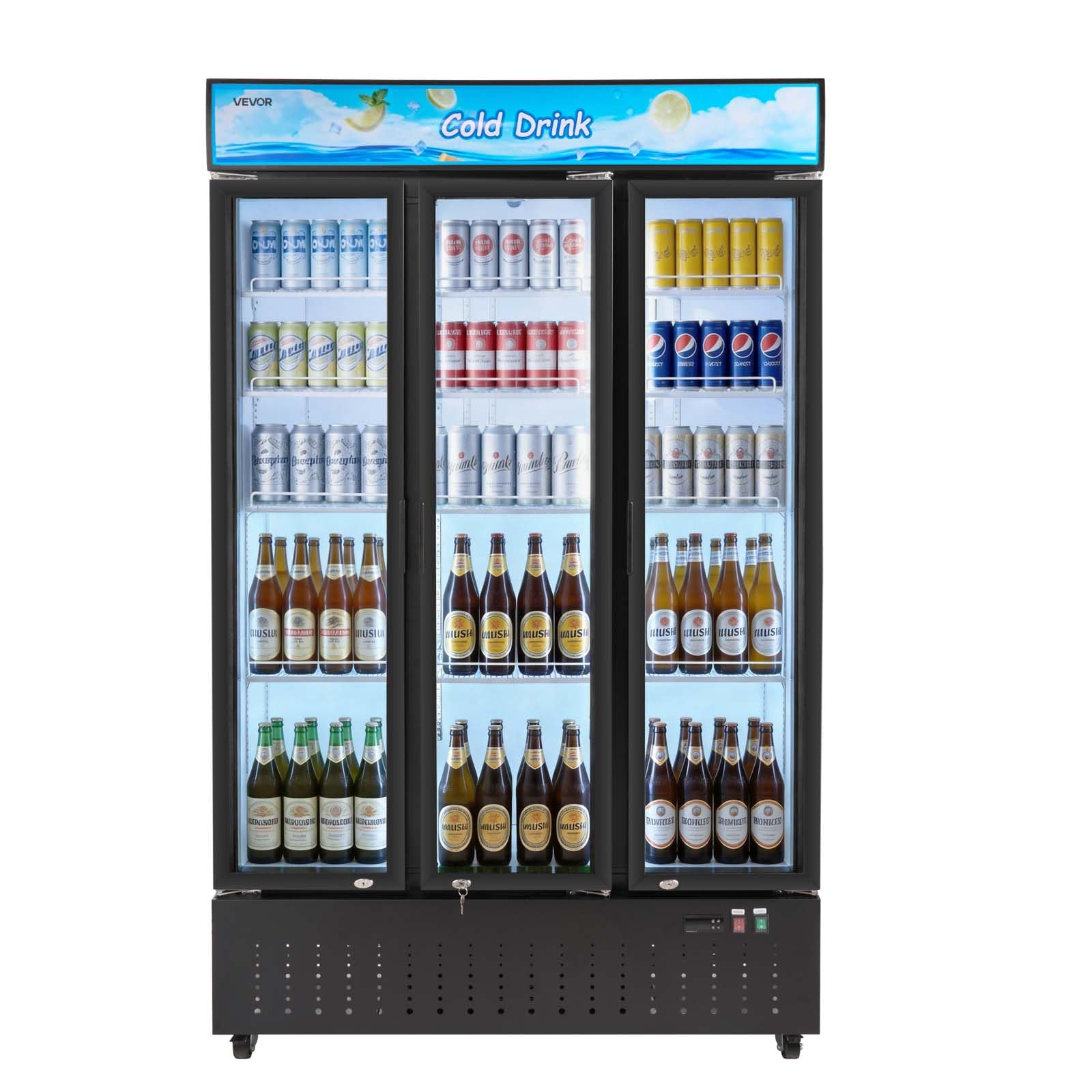 VEVOR Commercial Merchandiser Refrigerator, 6.9 Cu.Ft / 195L Glass Door Display Refrigerator, Upright Beverage Cooler Fridge with 4 Adjustable Shelves, Soft LED Light & Casters for Homes Shops Bars