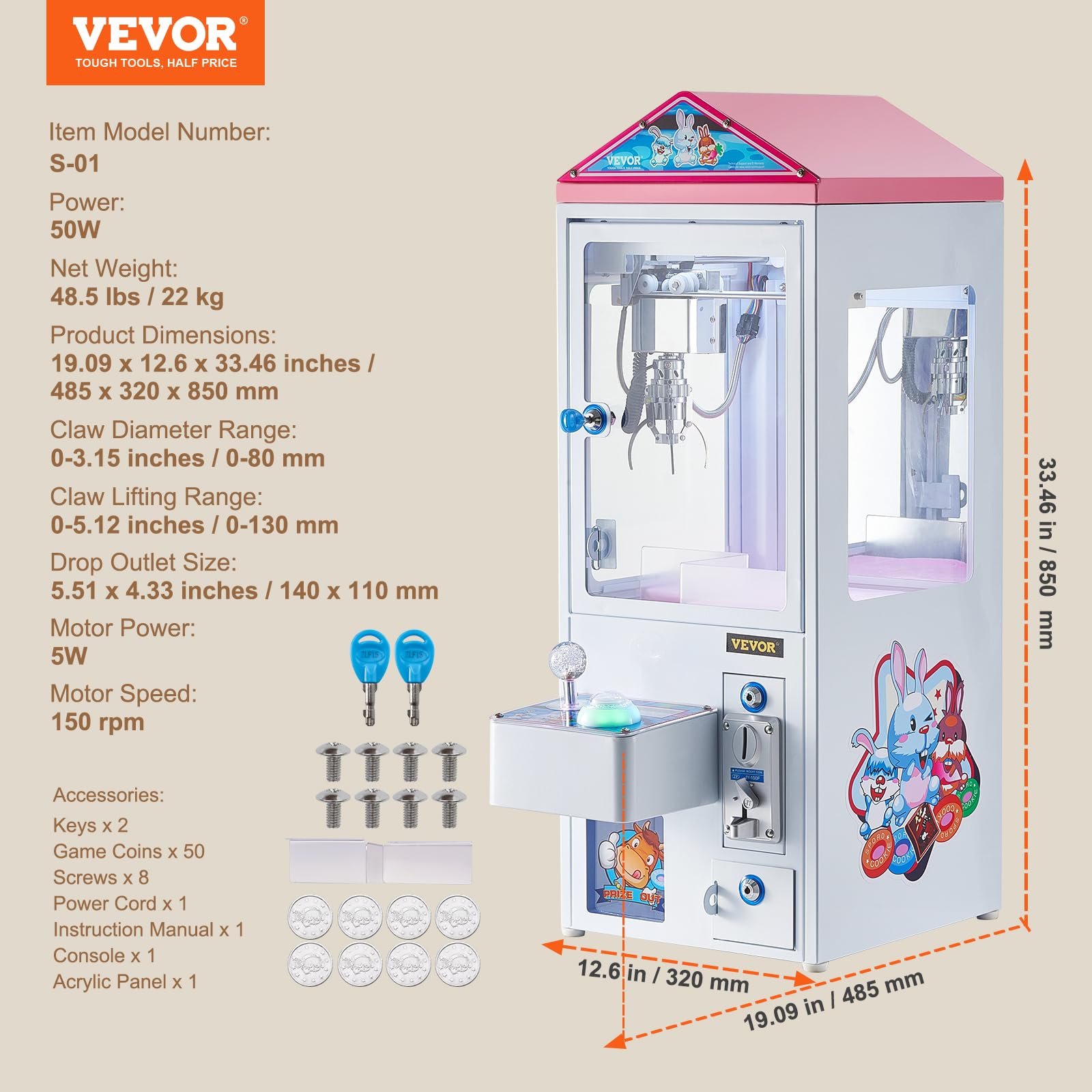 VEVOR Claw Crane Machine, Medium-Sized Arcade Game Machine with Claw + Grabber Double-Layer, Light & Sound, Toy Candy Grabber Prize Dispenser Vending Toy, for Commercial Home Cinema, Black Purple